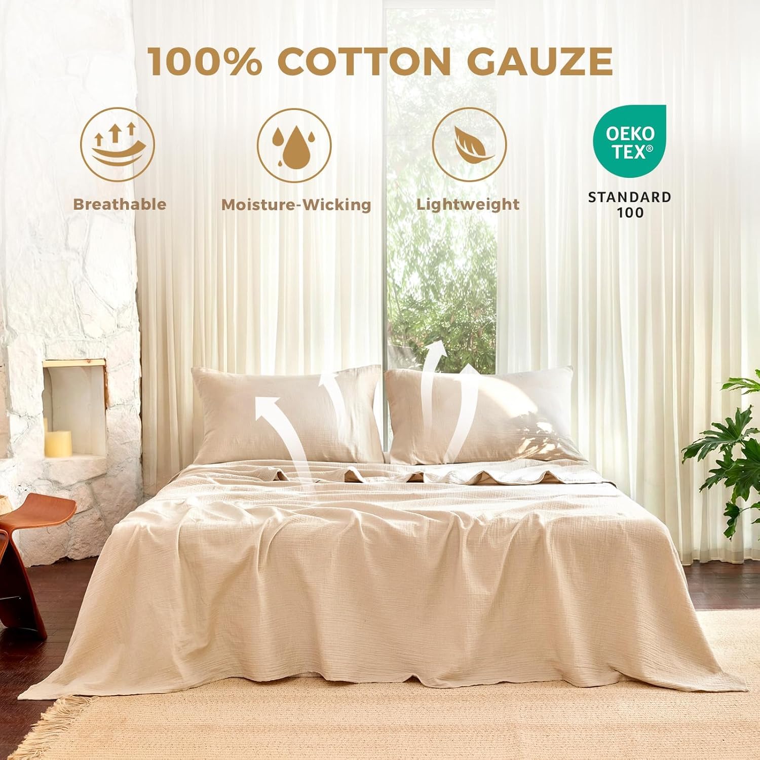 LUTBM King Sheet Set 100% Cotton Bed Sheets Gauze 4 Pcs Muslin Linen Sheets Set 16" Deep Pocket Sheet & Pillowcase Sets Breathable Boho King Soft Bedding Sets for All Season