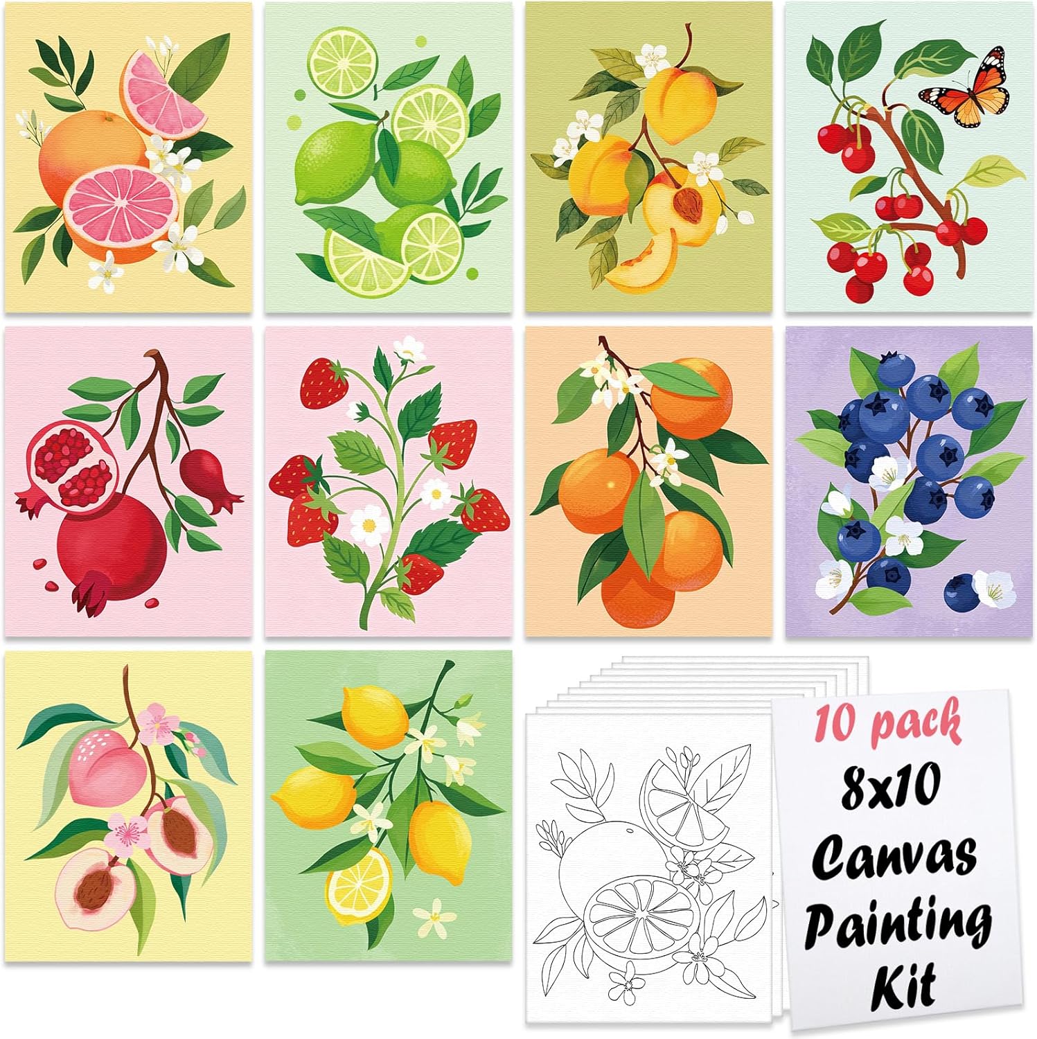 Nuberlic 10Pcs Pre Drawn Canvas to Paint for Kids Adults Grils Fruit Theme Spring Summer Painting Kits Pre Stretched Canvas Outline Boards for Beginners Students Party Favor 8x10 Inch