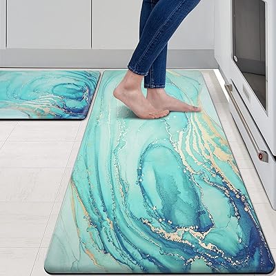 MAYHMYO Kitchen Rugs and Mats Set of 2 Teal Marble Gold Anti Fatigue Mat PVC Non Slip Turquoise Foam Cushioned Kitchen Mats for Floor,17.3 x 29 x 0.4 inch + 17.3 x 59 x 0.4 inch