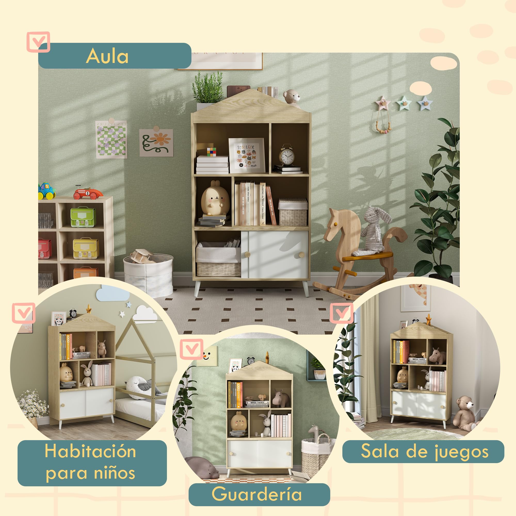 AIYAPLAY Estantería Infantil de Madera 80x30x140,5 cm Blanco y Natural | 4 Compartimentos, Librería Infantil, Estantes Abiertos, Armario, para Habitación Niños, Sala Juegos