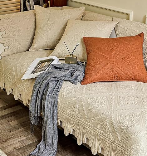 Miniatura 6 de vctops Funda acolchada de algodón neutro para sofá, con bordado floral, antideslizante, funda suave y acogedora para sofá, para perros, gatos y