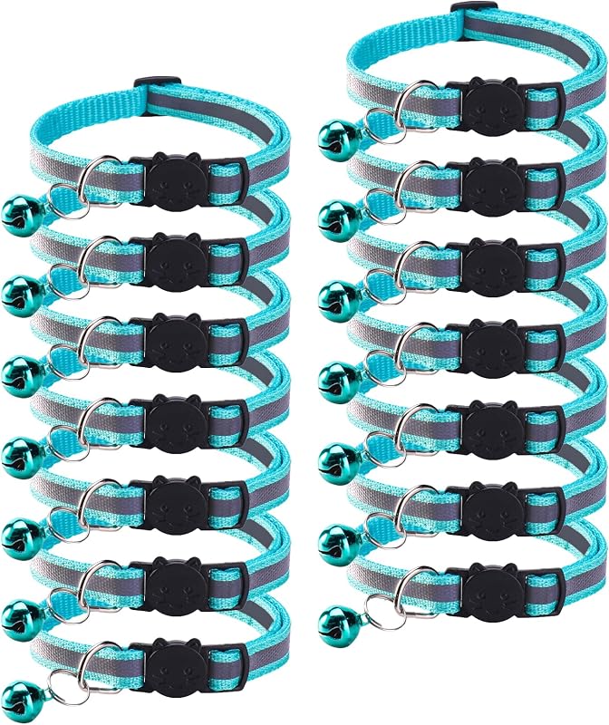 Coleira Ajustável para Gatos com Fivela de Segurança, Faixa Refletiva e Guizo zulinlong Turquoise Green, Pacote com 14