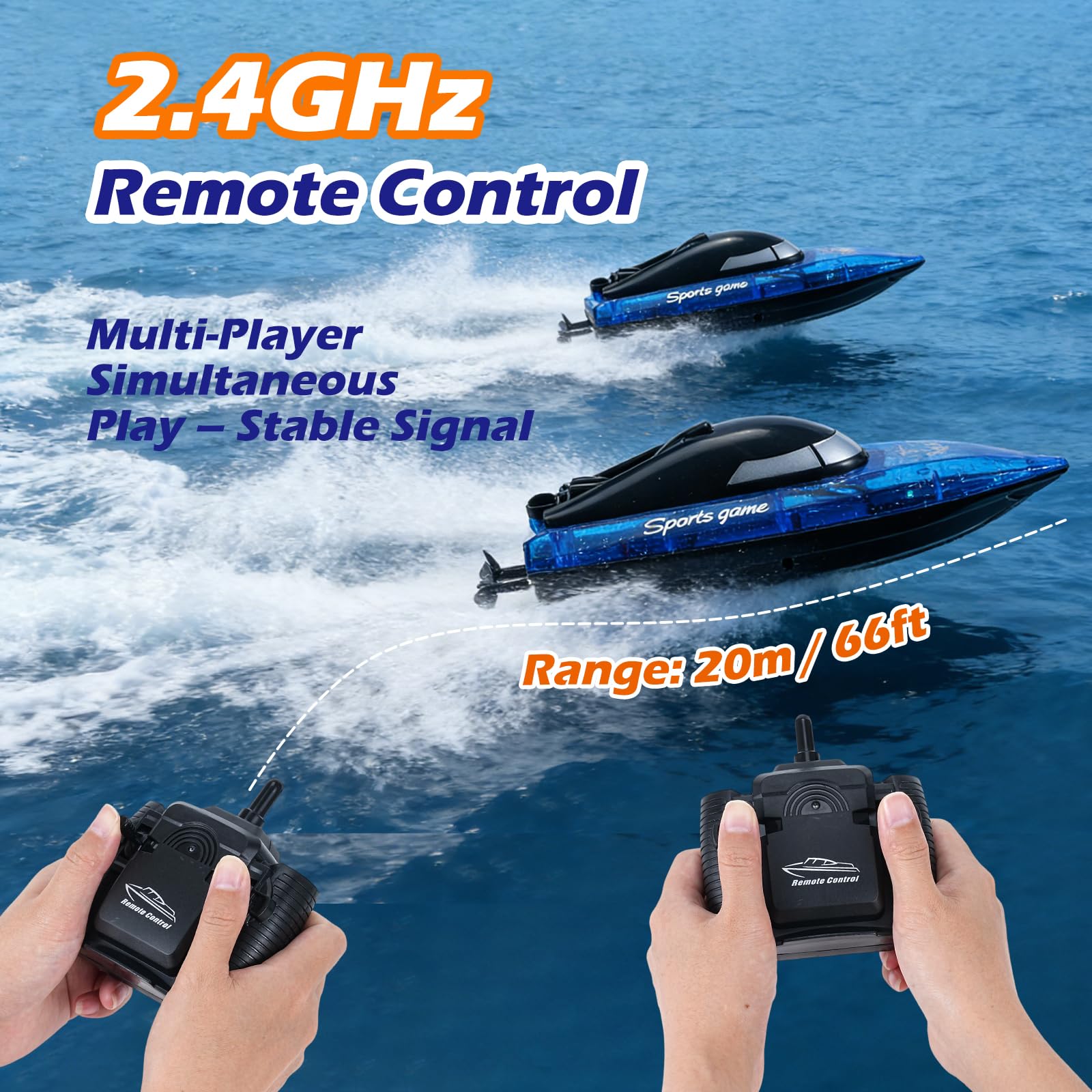 Bateau Télécommandé Autonomie 100min, 2.4GHz Grande Vitesse Bateau RC Anti-basculement avec Lumière LED Piles Rechargeables Lac Piscine étang Rivière RC Boat pour Enfants