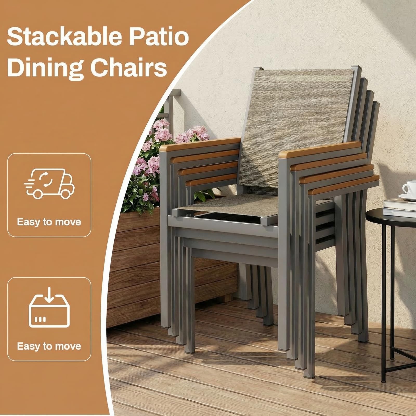 LIFERUN Krzesła ogrodowe, zestaw 2 sztuk, aluminium, możliwość układania w stos, tekstylne, poręcz WPC, krzesła balkonowe, na taras, balkon, taras, basen, do restauracji, odporne na warunki