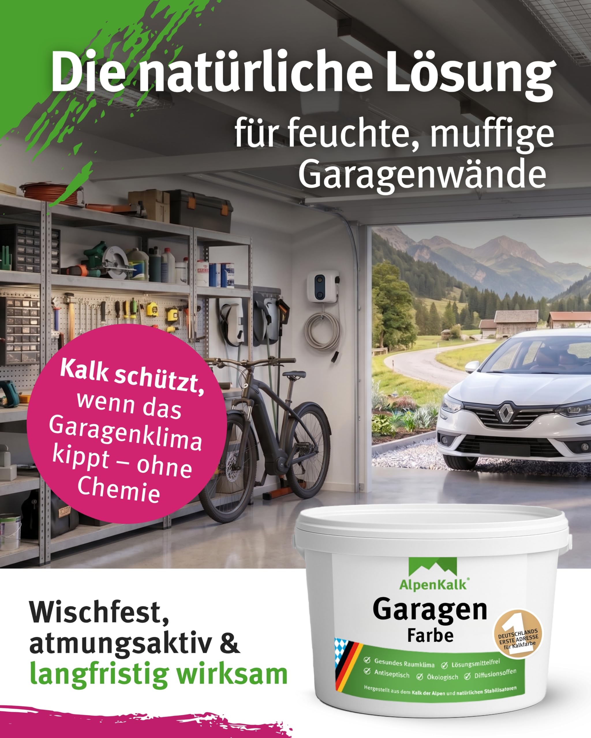 Weiße Garagenfarbe I 14 kg für ca. 70m² I Hochdeckende & wischfeste Kalkfarbe für Garagen I Atmungsaktiv & Anti-Schimmel Formel für ein natürliches Raumklima I Wandfarbe