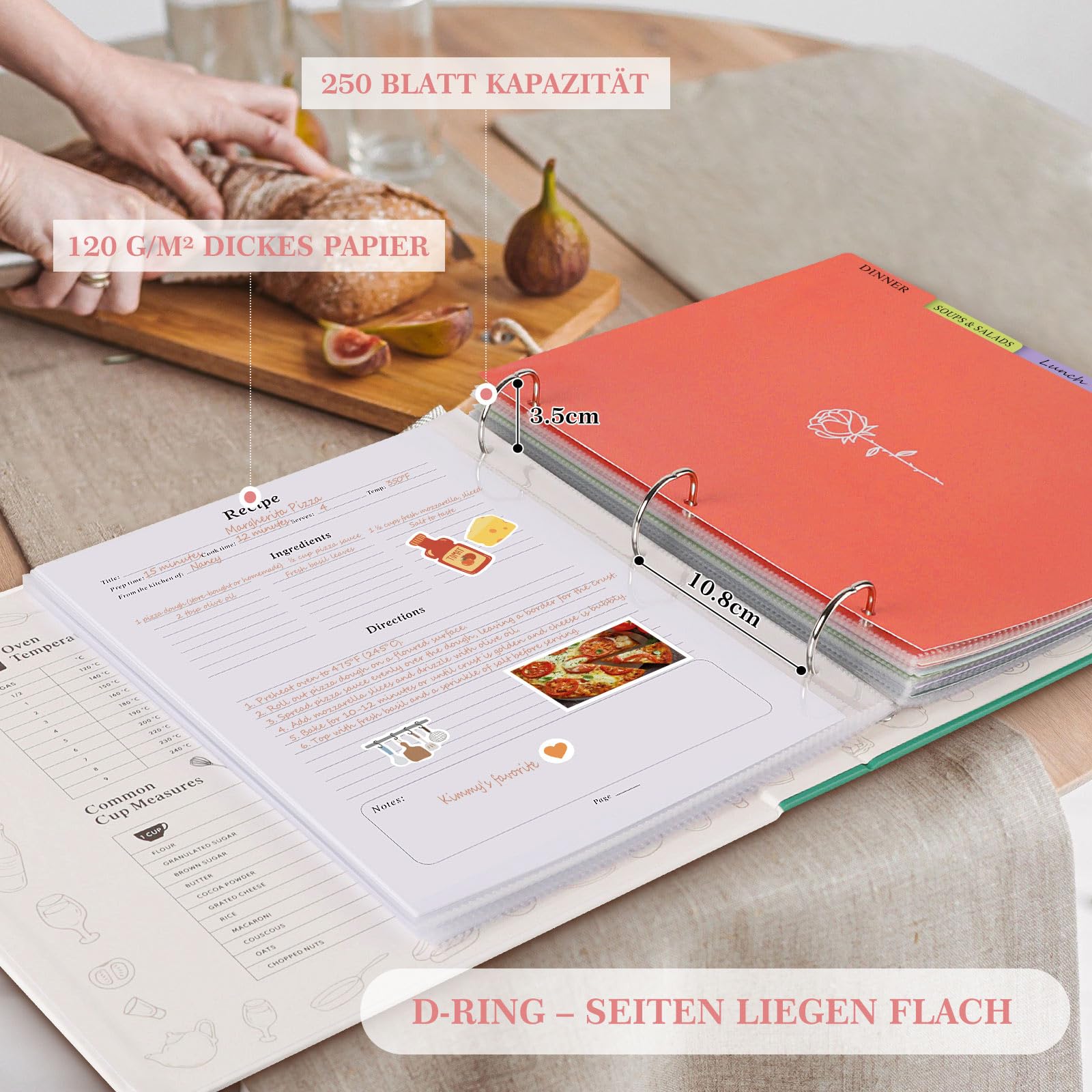 Lanpn Rezepte Ordner 3 Ringen für Kochrezepte, Kochbuch Selbst Schreiben, DIY Recipe Binder Rezeptordner mit 8 Trennblättern und 2 Aufklebern, Leder Rezeptbuch zum Selberschreiben, Rose, Englisch