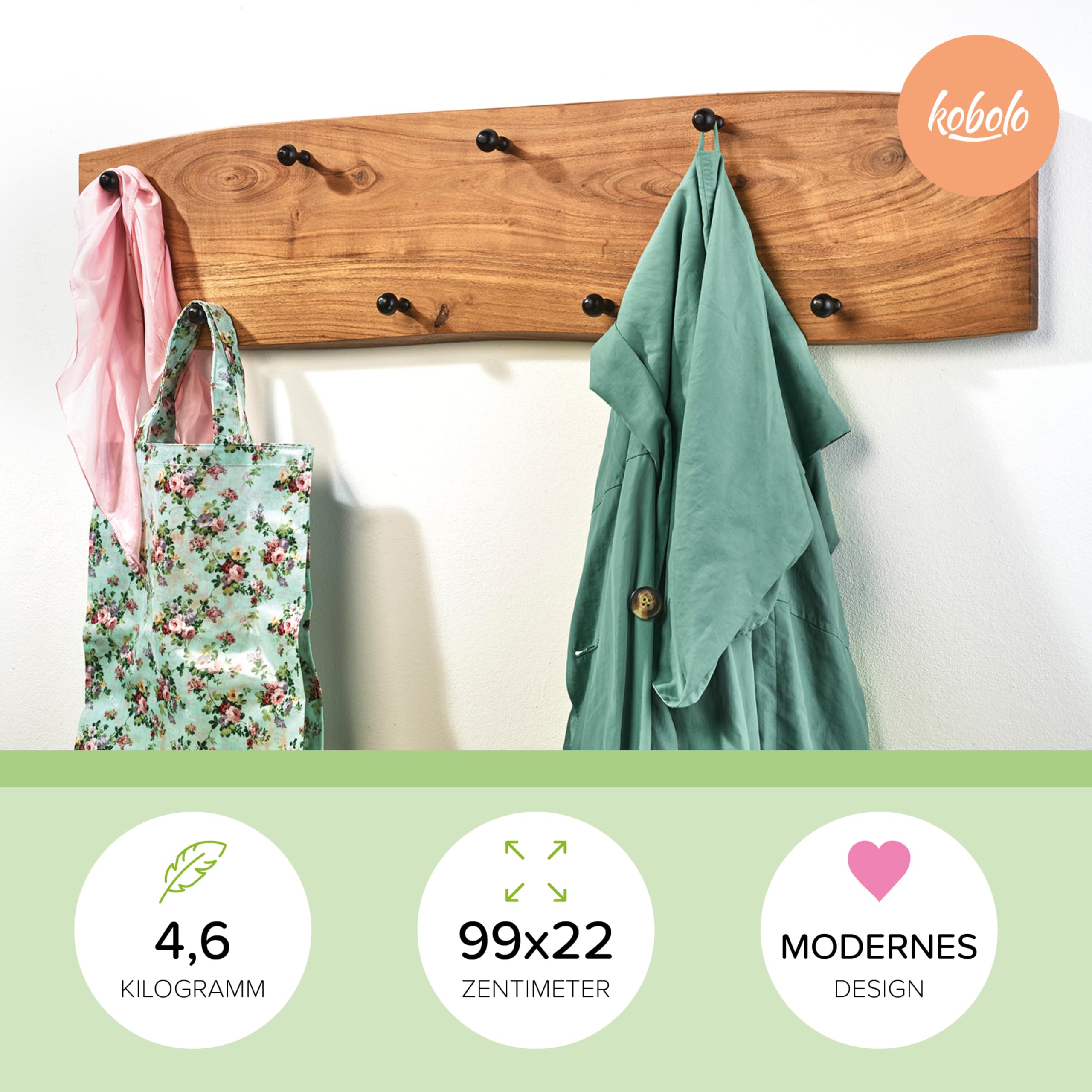 Kobolo Garderobe Wandgarderobe aus Akazienholz mit 4 Haken