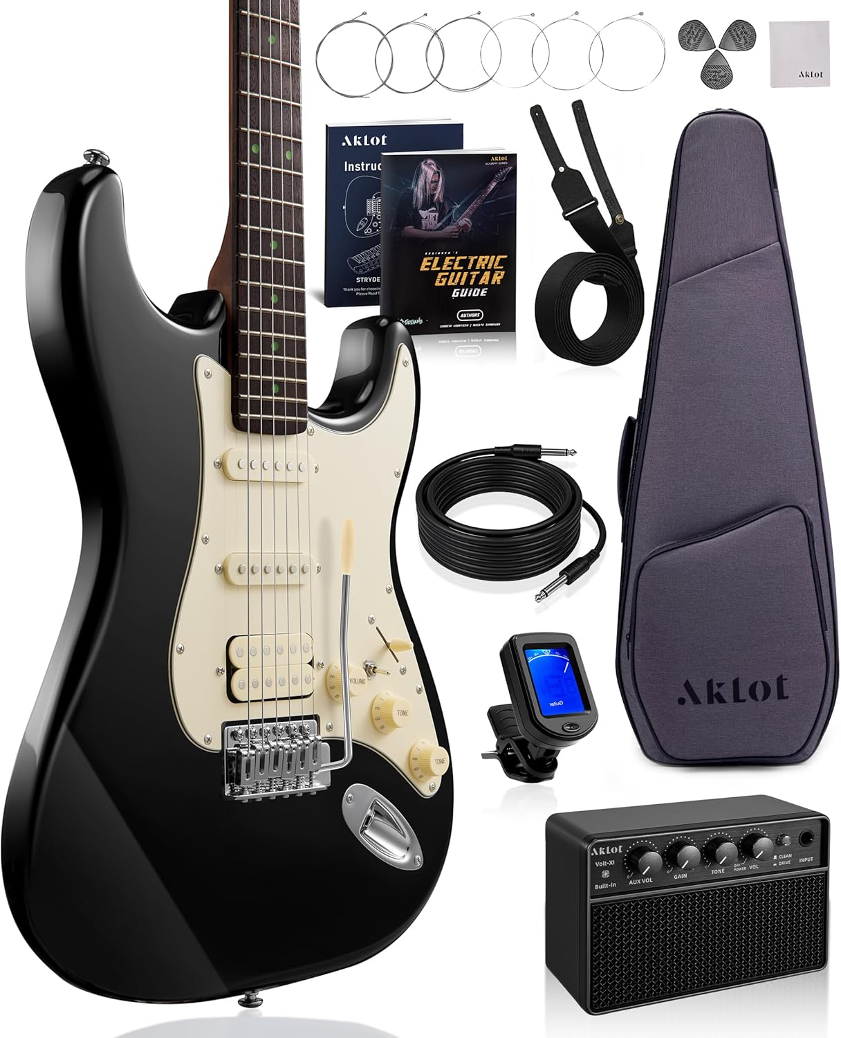 AKLOT Beginner Electric Guitar Kit: 10W Amp, Coil-Split HSS Pickups, Lesson Book, Roasted Maple Neck, Gig Bag, Tuner, Strap, Picks, Stryde Phantom Black