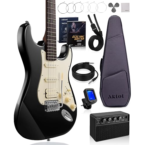 AKLOT Beginner Electric Guitar Kit: 10W Amp, Coil-Split HSS Pickups, Lesson Book, Roasted Maple Neck, Gig Bag, Tuner, Strap, Picks, Stryde Phantom Black