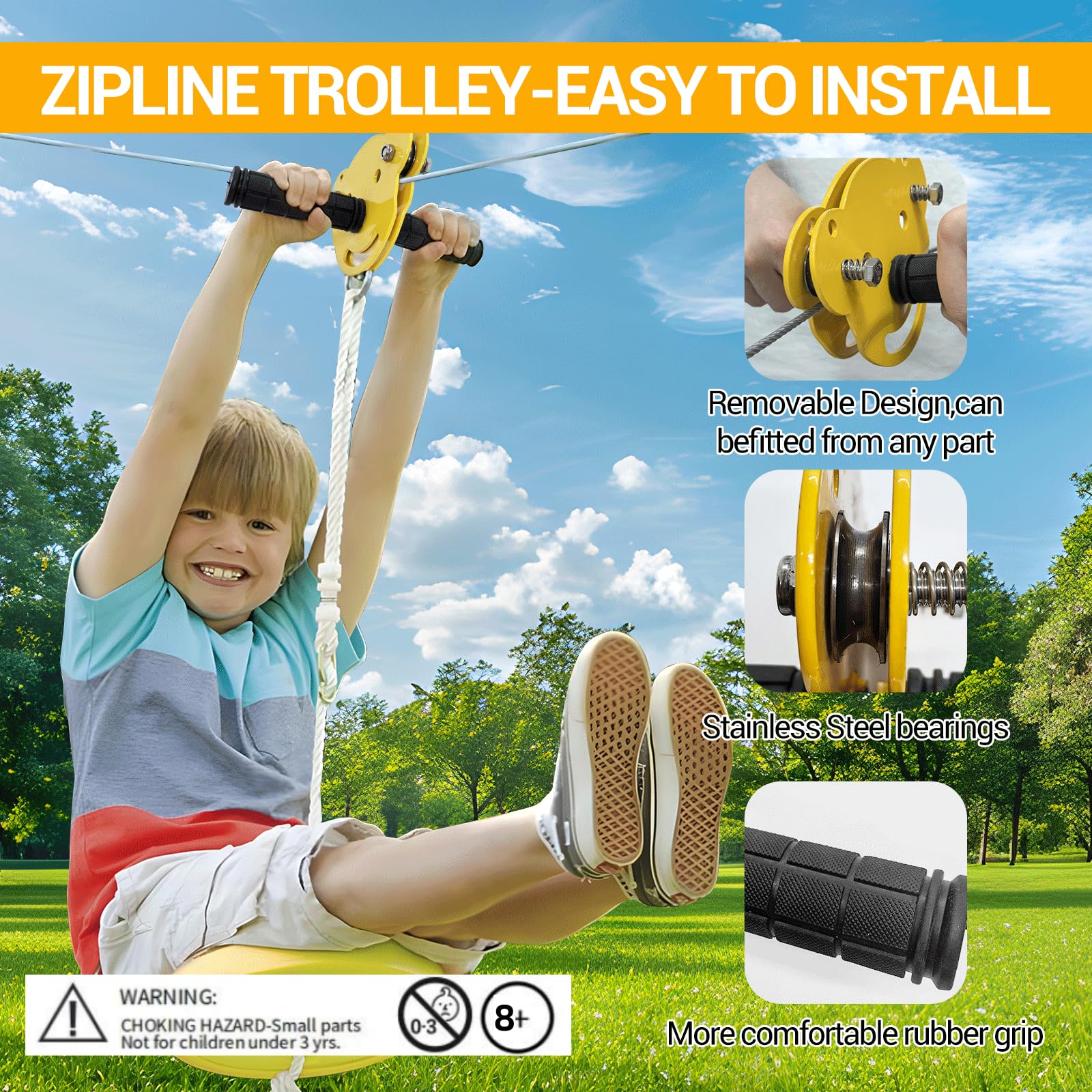 Slackline Zipline 24 m 80 piedi per bambini e adulti, cavo di sicurezza e freno a molla, fino a 120 kg