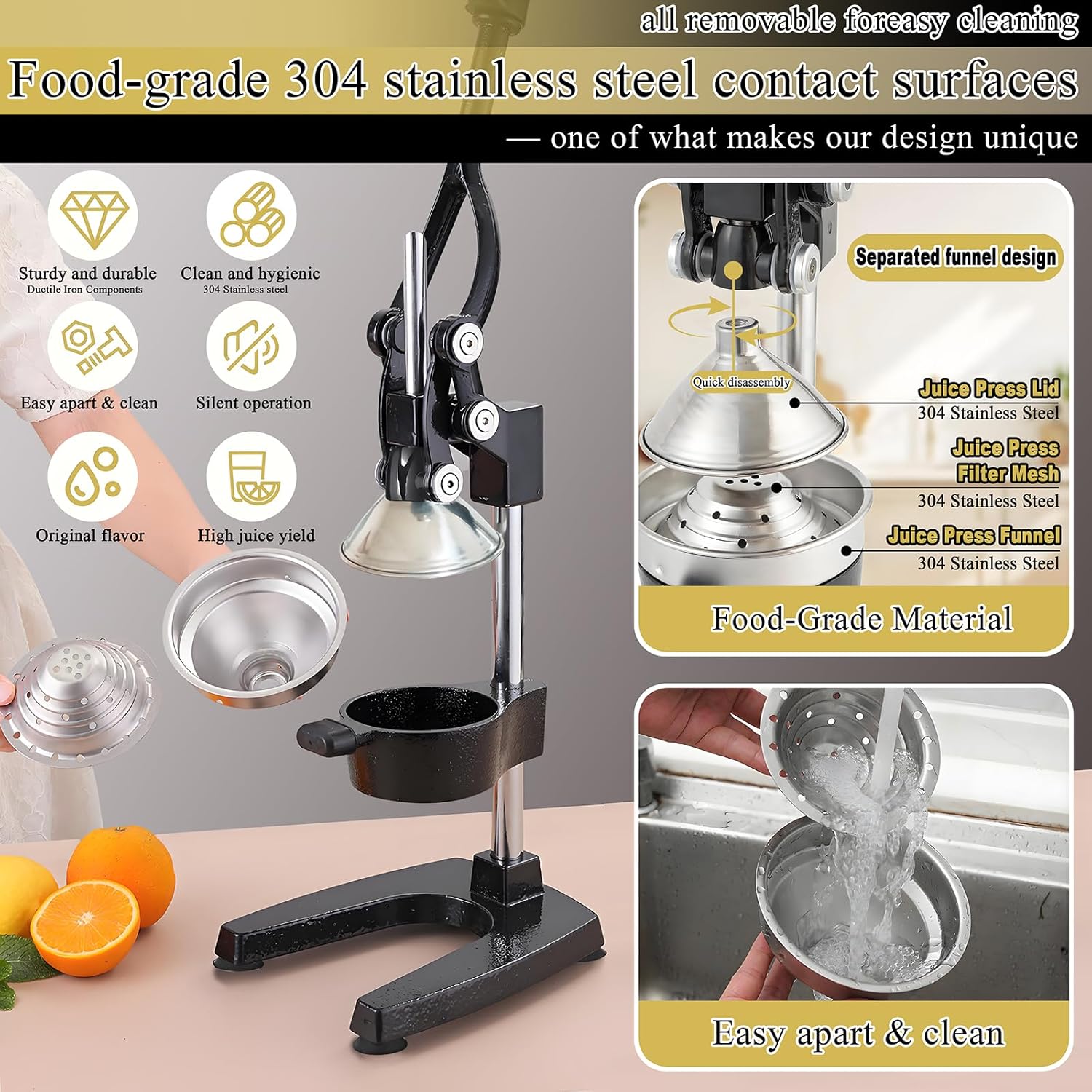Cast Iron Hand Press Juicer, Commercial Heavy Duty Metal Manual Citrus Fruit Juice Extractor for Orange Pomegranate Grapefruit, Professional Stainless Steel Lemon Squeezer Machine, Easy Clean (Black)
