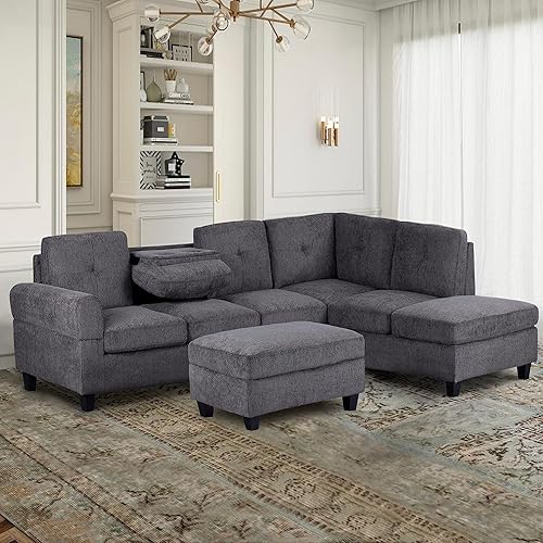 Miniatura 10 de Modern Living Room Furniture Sectional Sofa Set Left Right Chaise Lounge with Storage Ottoman Upholstered Corner L Shaped Couch wTwo Cup Holder for