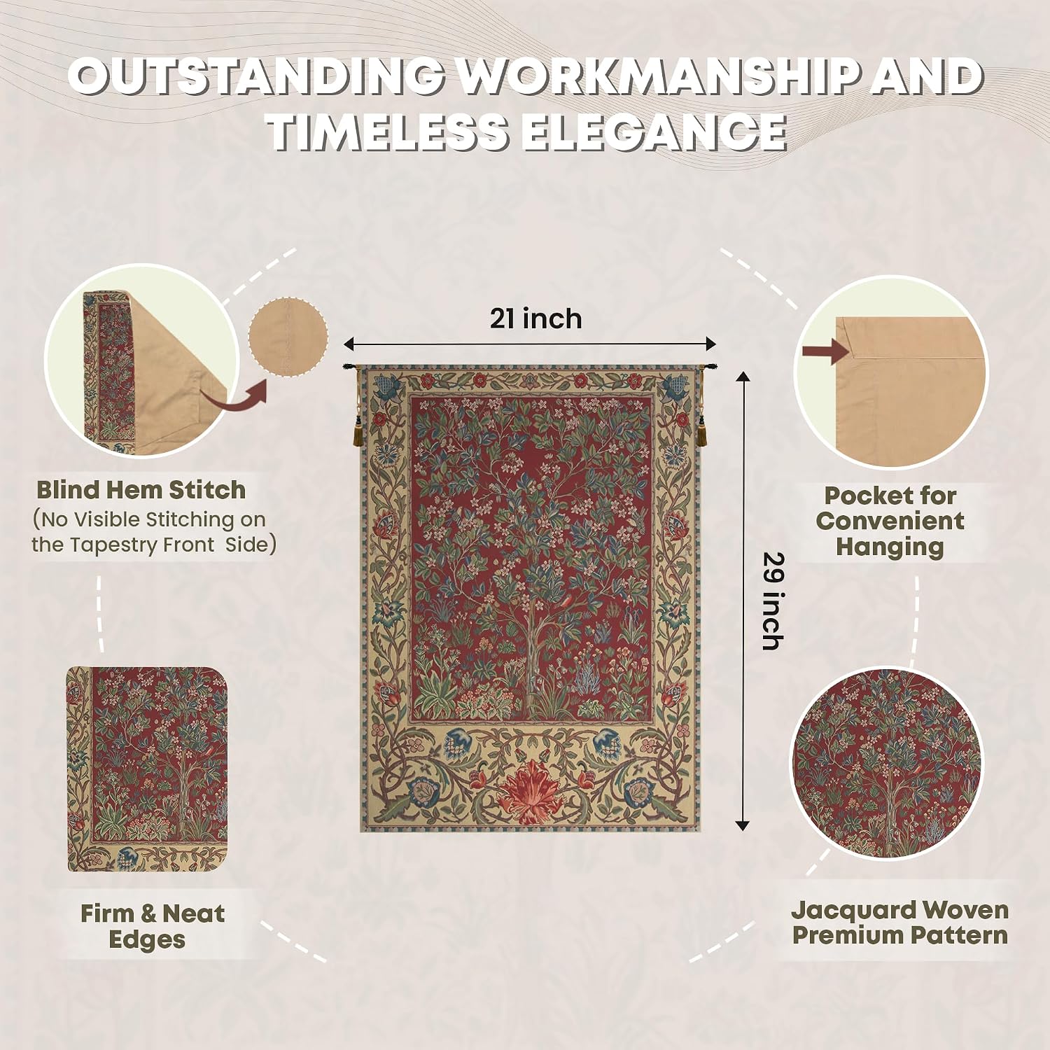 C Charlotte Home Furnishings Inc Tree Of Life Red Belgian Medium Tapestry Wall Hanging | Viscose Cotton and Polyester Blend Wall Art | 21 in. x 29 in. | Home Decor Accents | By William Morris