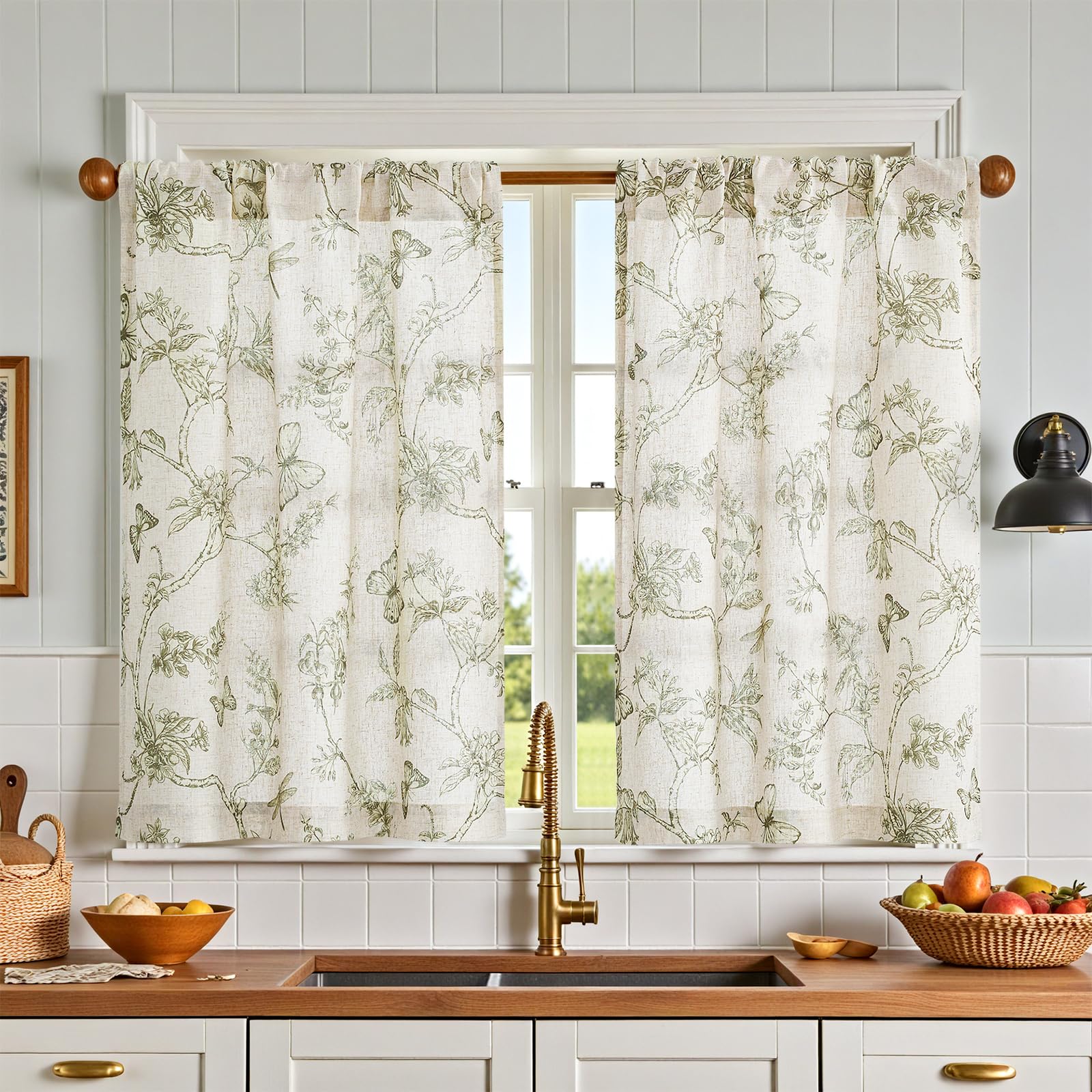 jinchan Floral Kitchen Curtains for Windows 36 Inch Farmhouse Country Linen Tier Curtains Botanic Small Window Drapes for Living Room Bathroom Laundry