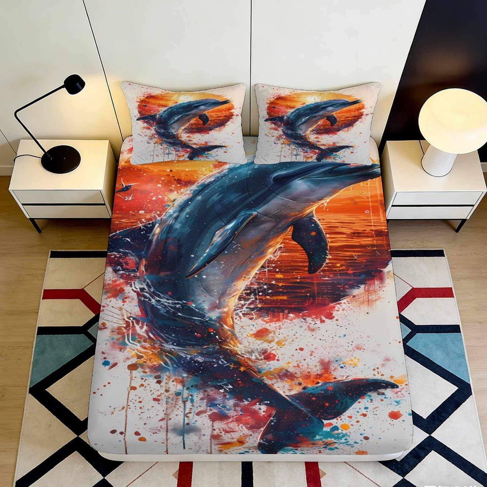 Pnayamiorkfel Style-5 3D Printed Dolphin Sunset Fitted Sheet Microfiber Soft Artistic Ocean Bed Cover For Bedroom Dorm Mattress Protection Decor 90X200x25cm