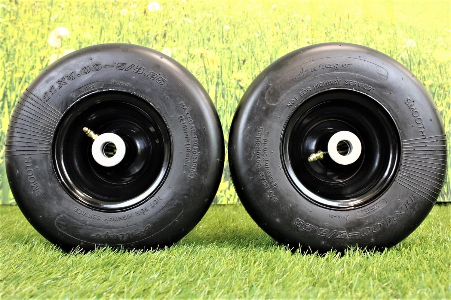 (Set of 2) 11x4.00-5 Flat Proof, Smooth Semi Pneumatic Assembly Replacement for ARIENS: 01588100 & 07100124, DIXON: 17080, JOHN DEERE: AM101589, TORO: 104-1170