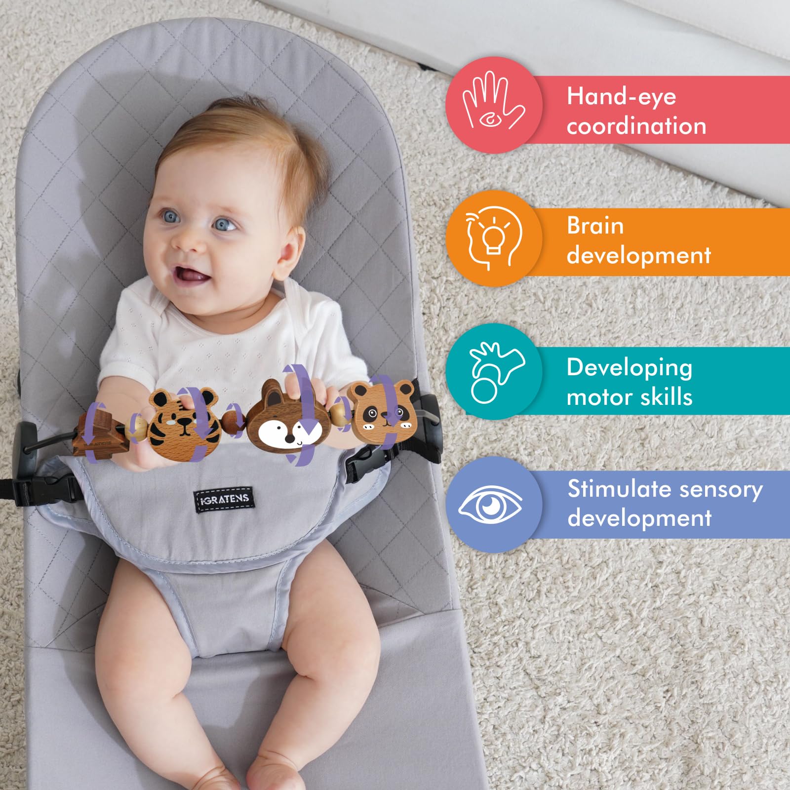 iGRATENS Baby Bjorn Bouncer Toy Bar - Toy Bar for Baby Bouncer Soft & Bliss, Easy to Attach and Remove, 360°Rotating Natural Wooden Toys, Exciting Design for Curious Babies, Safari Animals