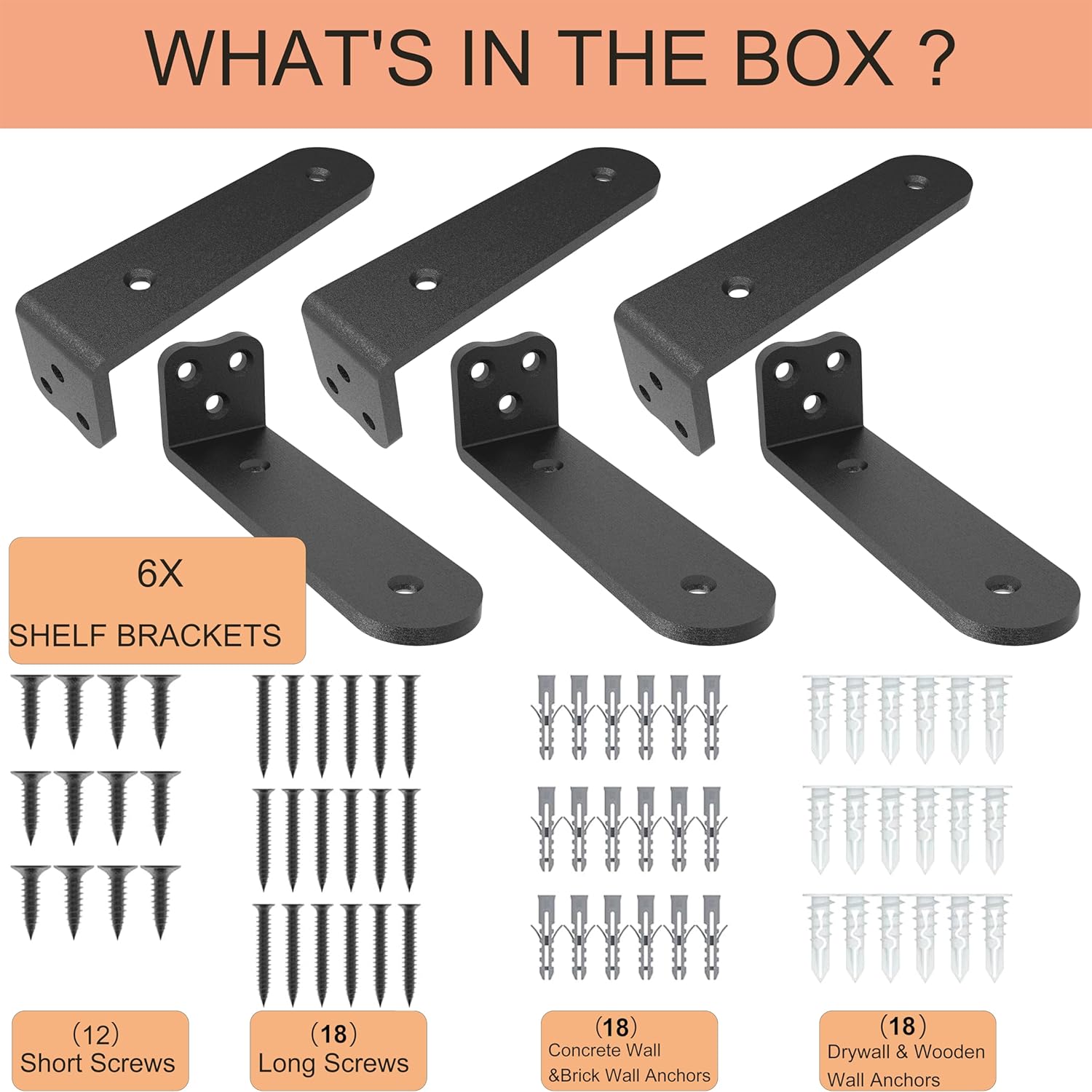 Eurydice Heavy Duty Floating Shelf Brackets, 1/4 inch Thick L Bracket, (10 In 6 Pack Black), Holds 200 lb, Rounded Arc Edge, One-Piece, 3 Hole Mounting For Wood Shelves in Kitchen, Garage, Office, DIY