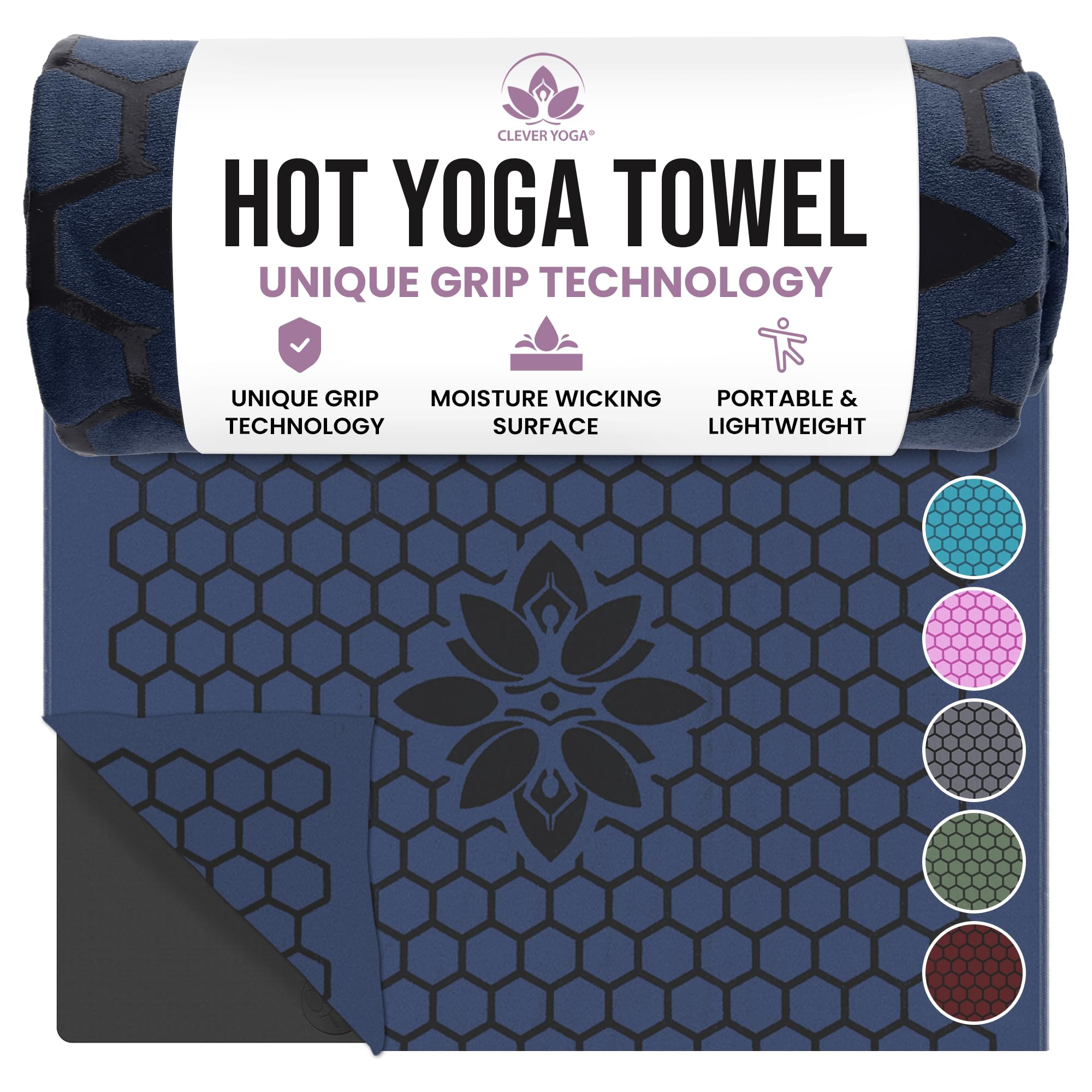 Clever Yoga Hot Yoga Mat Towel Non-Slip Grip for Hot Yoga Sweat Absorbent Honeycomb Silicone Grip Stays Flat