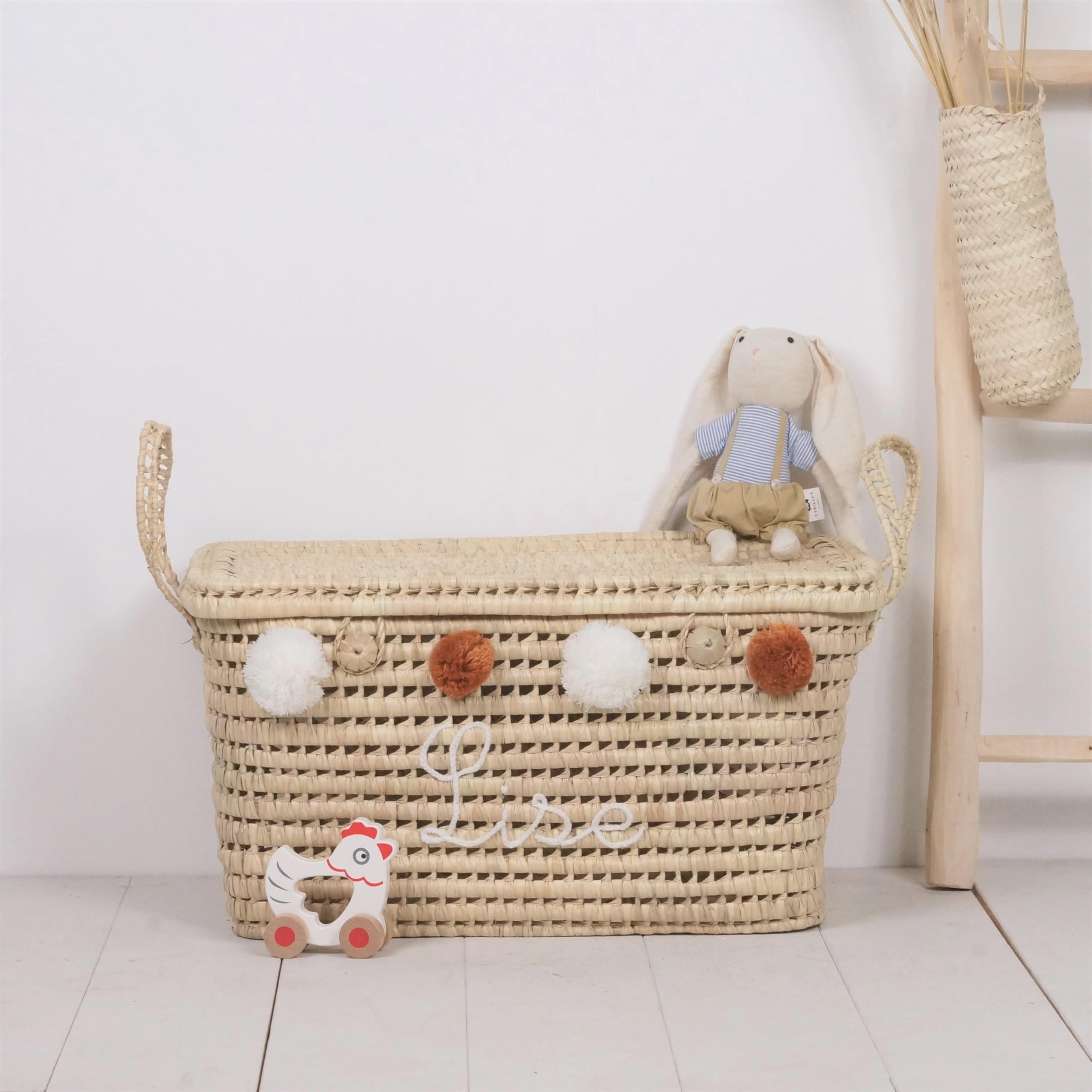 Coffre de rangement personnalisé 60cm (Broderie + Pompons)