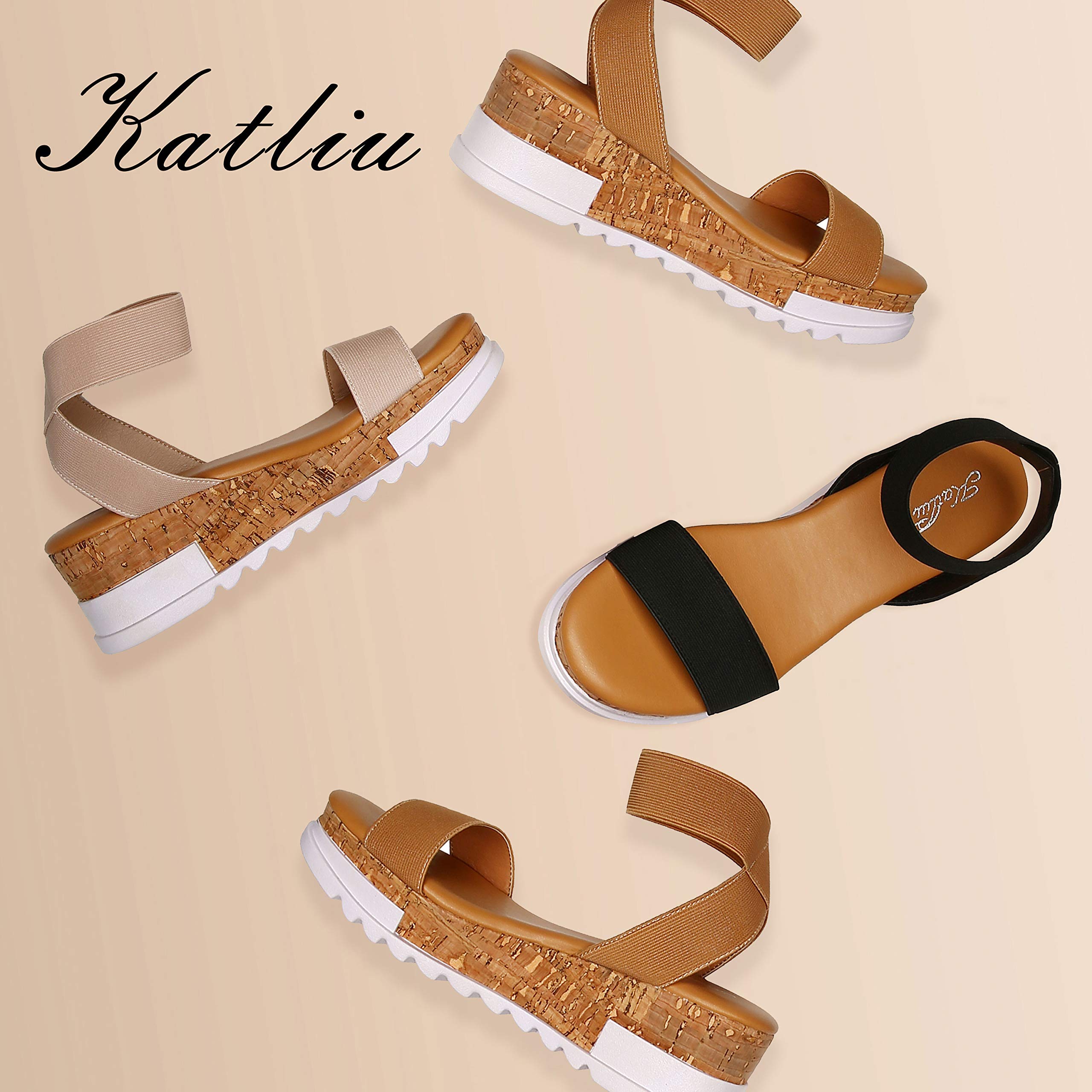 katliu Women's Wedge Platform Sandals Elastic Ankle Strap Cork Platform Sandals
