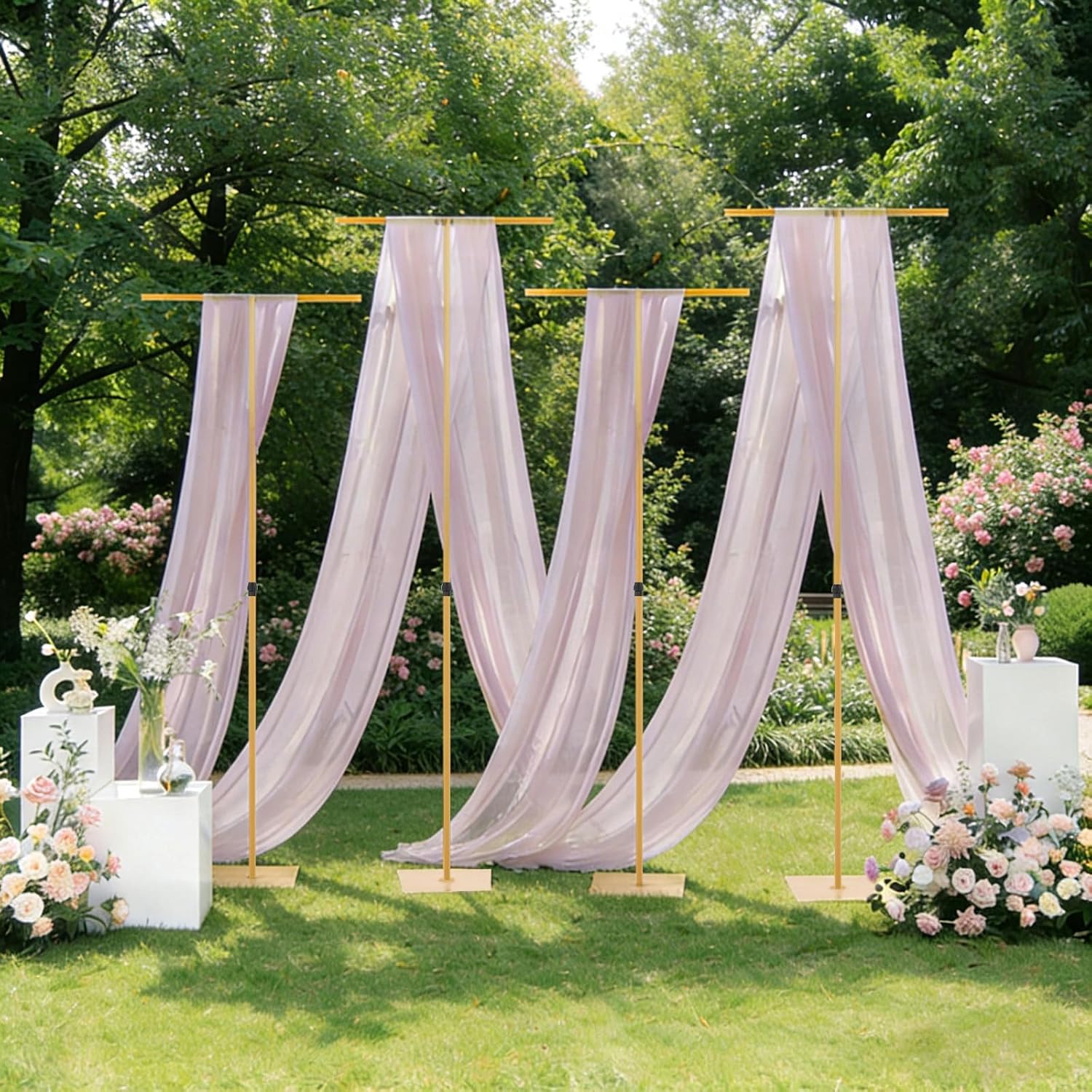 Vincidern 4pcs Adjustable Wedding Backdrop Stand for Party, Heavy Duty Metal Backdrop Stand for Wedding, Birthday Party, Events Decorations, Gold (2.6FT to 8FT Adjustable Height)