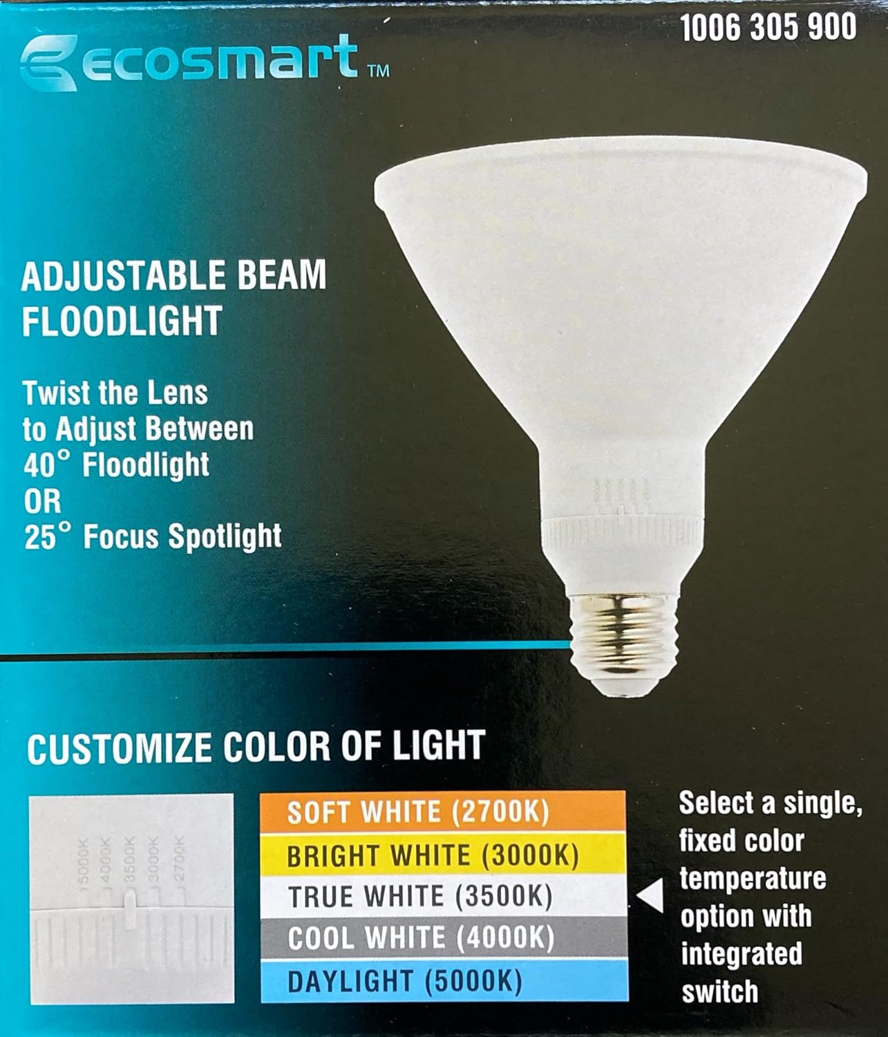 New EcoSmart 120W Equivalent 2700K, 3000K, 3500K, 4000K, 5000K Selectable PAR 38 Dimmable LED Floodlight Bulb (1-Pack), White