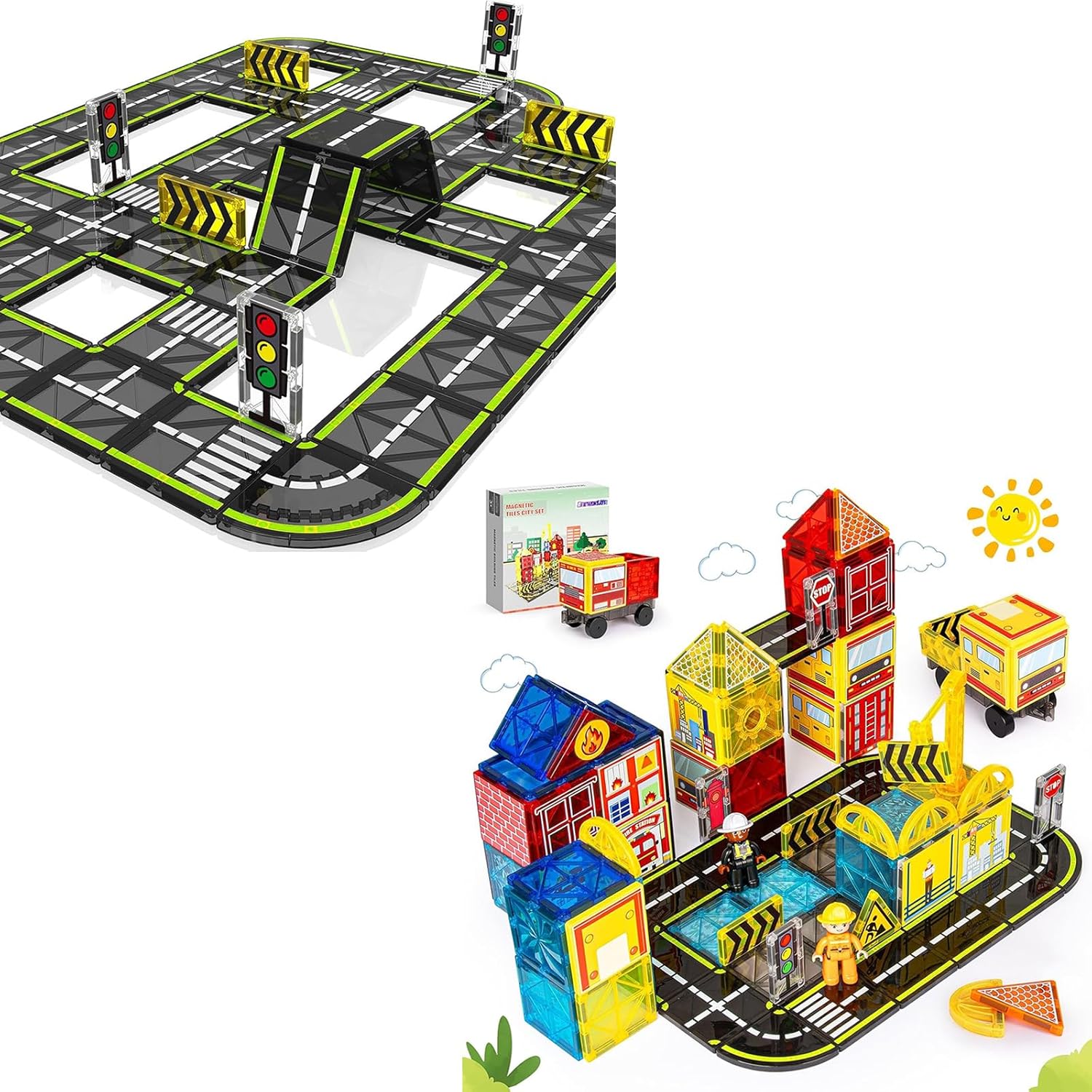 Magnetic Tiles Road Set with Fire Trucks & 2 Cranes, Montessori Educational Magnet Toys for Kids Ages 3+Year Old, STEM Creative Toy for Christmas Birthday Gifts