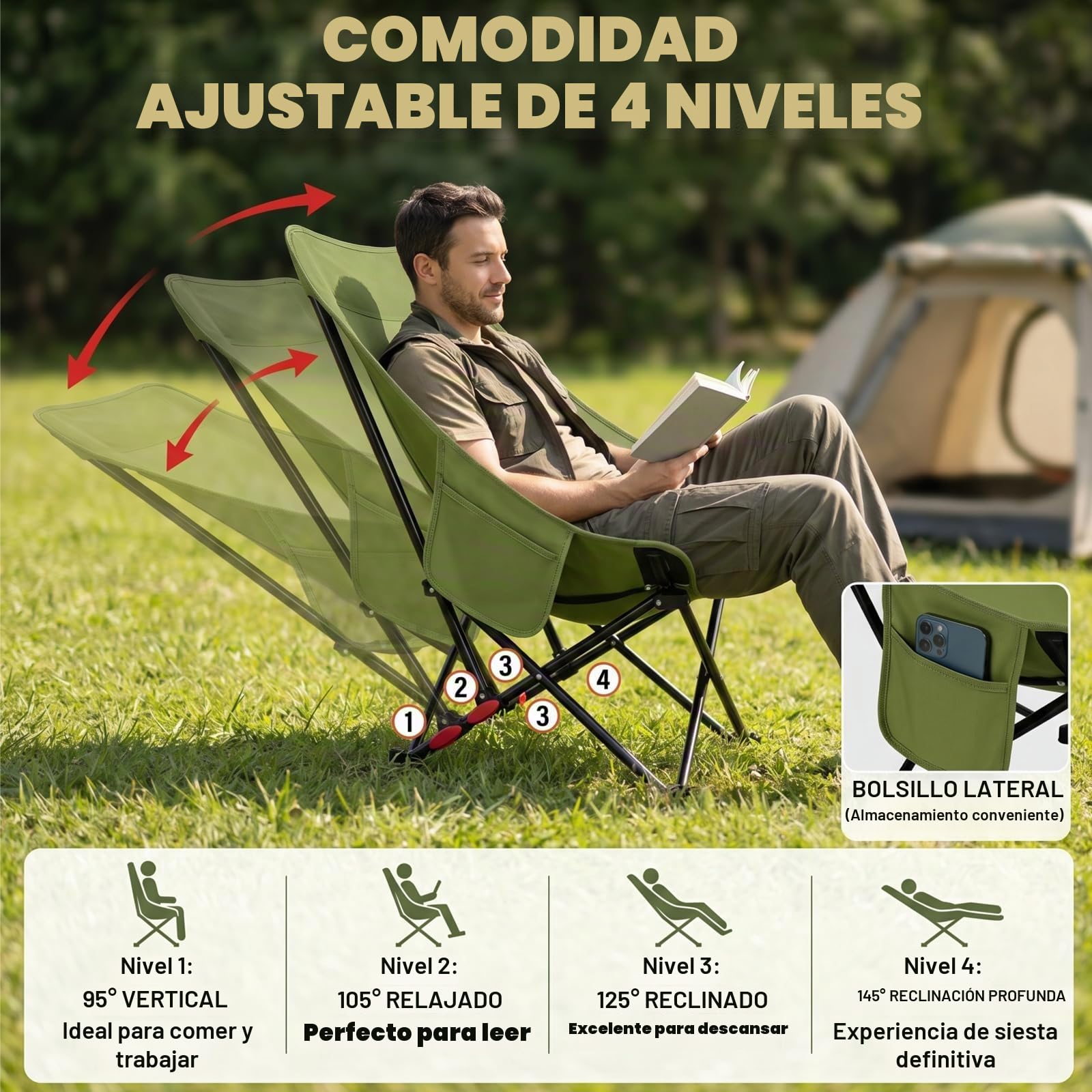 Silla de camping plegable con respaldo alto, 120 kg, ultraligera, portátil, silla plegable de camping, silla de pesca plegable con 2 bolsillos laterales, respaldo alto, silla plegable para exteriores