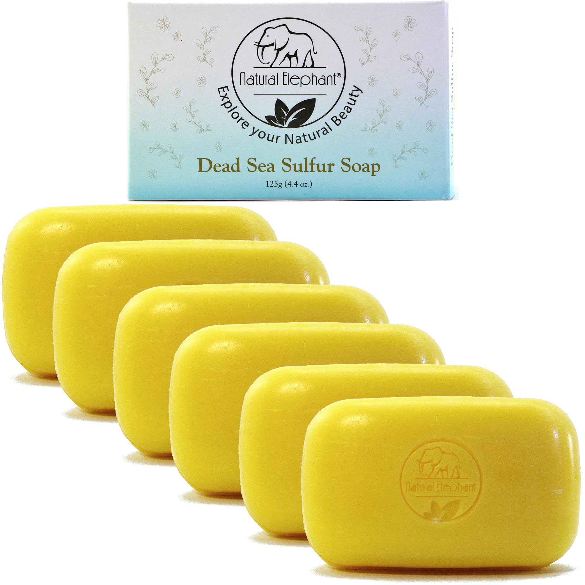 Natural ElephantDead Sea Sulfur Soap 4.4 oz with Dead Sea Salt, Aloe Vera, Sulphur Face and Body Cleanser Bar for All Skin Types (6 Pack (26.4 oz Total))