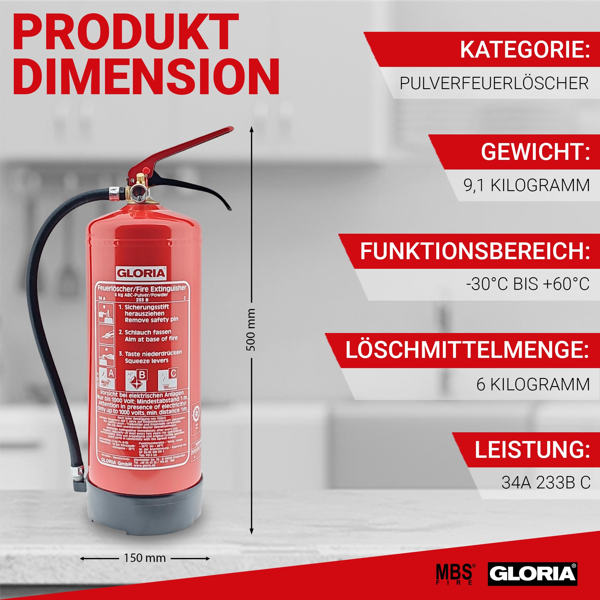 Gloria PD 6 GA Pulverlöscher - 6kg Dauerdrucklöscher - Brandklassen A, B, C - inkl. Wandhalterung