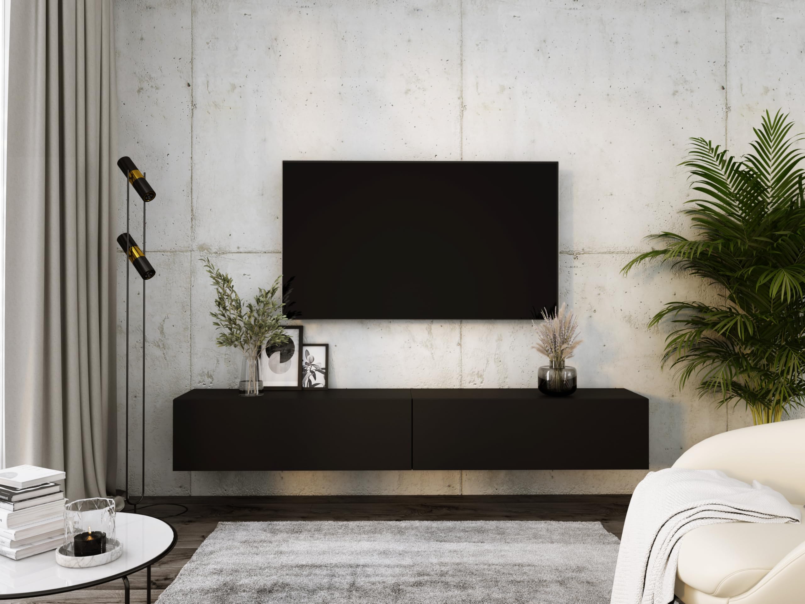 3E 3xE living.com Hängendes TV- Schrank - Modernes Design A: B: 2 x 100 cm, H: 34 cm, T: 32 cm, Schwarz Matt