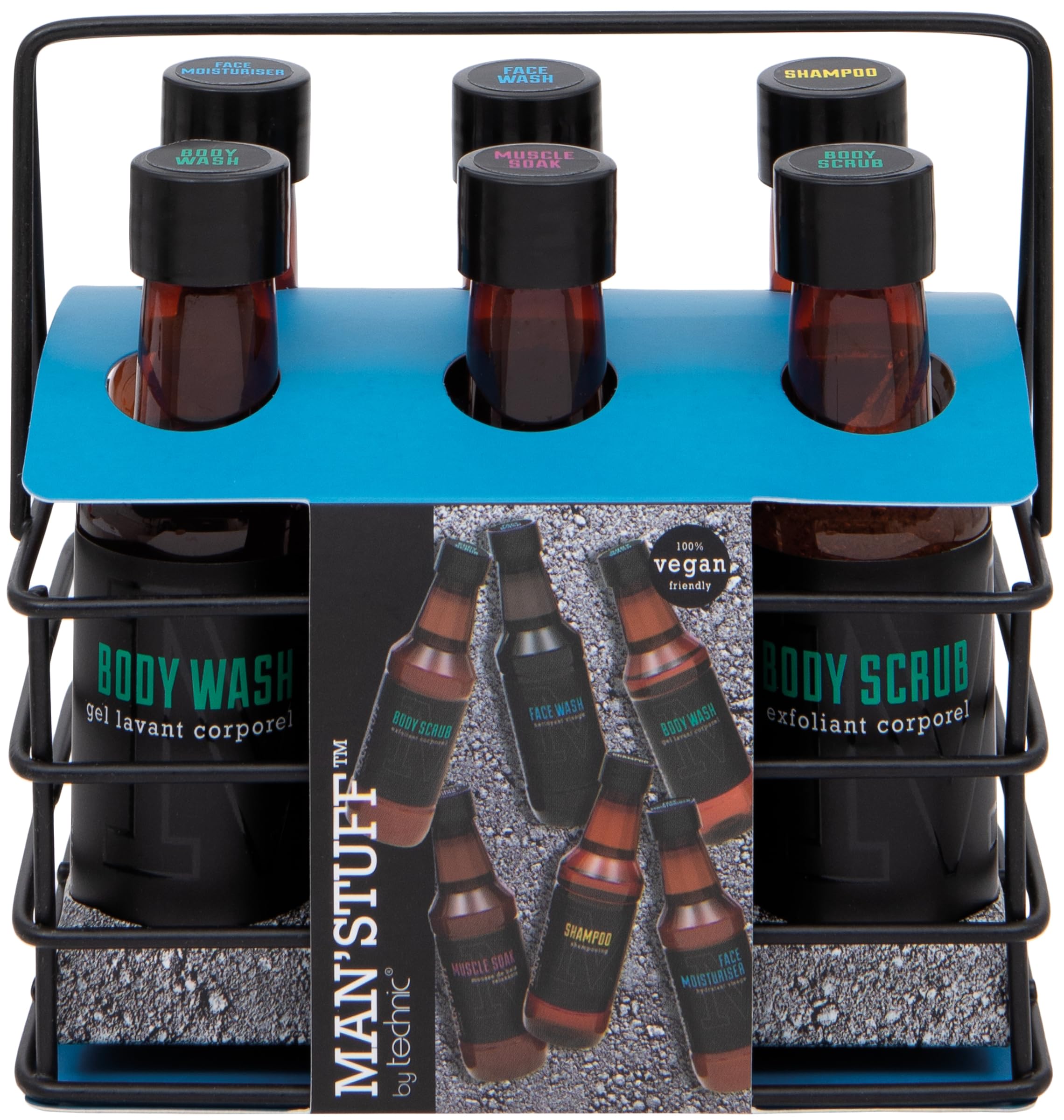 Man Stuff The 6 Pack Mens Shower & Body Wash Essential Toiletries Set including Caddy