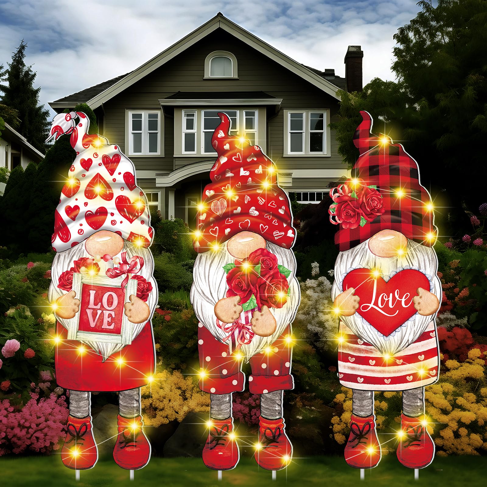 Baquler 3 Pcs Valentine's Day Yard Sign Lawn Gnomes Heart Flower Love Outdoor Decorations with H Stands and LED String Light for Valentine Party Anniversary Wedding Lawn Patio Garden Yard(Heart)-image-42