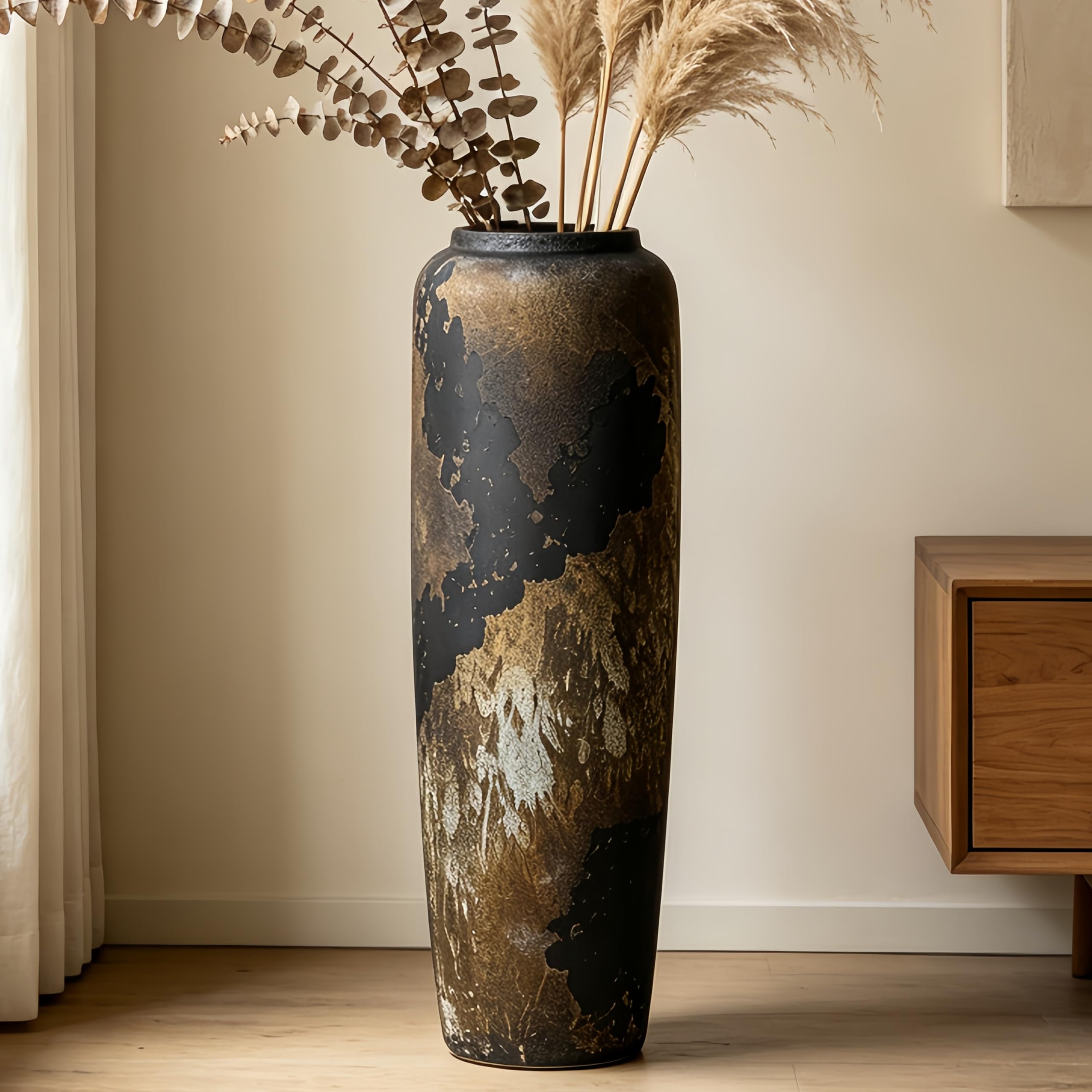 Vintage Keramik Schwarz Bodenvase, 60cm, Rustikaler Boho Stil für Pampasgras, Blumen oder Dekor, Perfekt für Wohnzimmer, Eingang oder Tisch