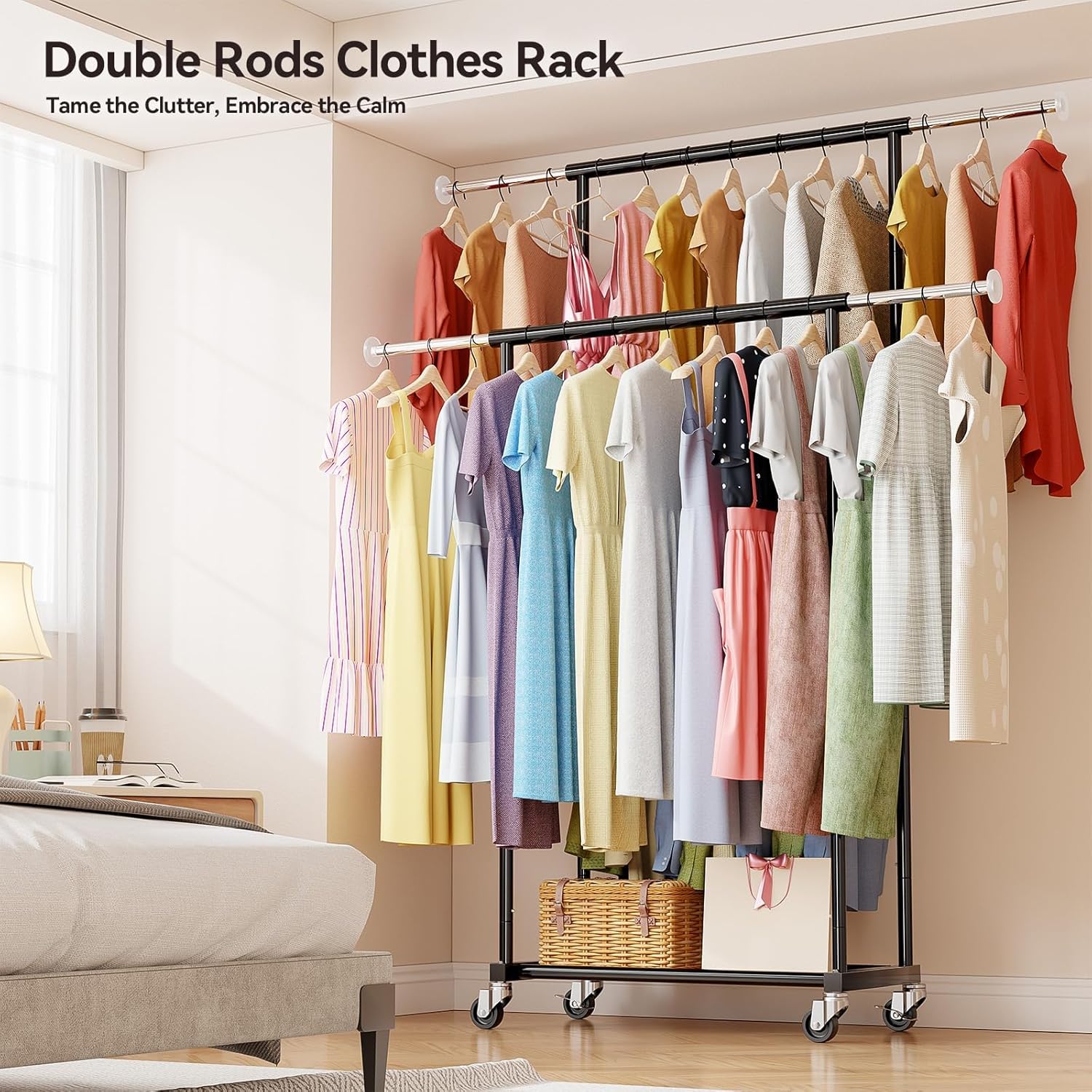 SUFAUY Commercial 80" H Clothes Rack for Hanging Dresses, Extend 50“L Double Rolling Garment Rack on Lockable wheels with Adjustable Rod and Storage Shelves, Load 350 LBS, Black