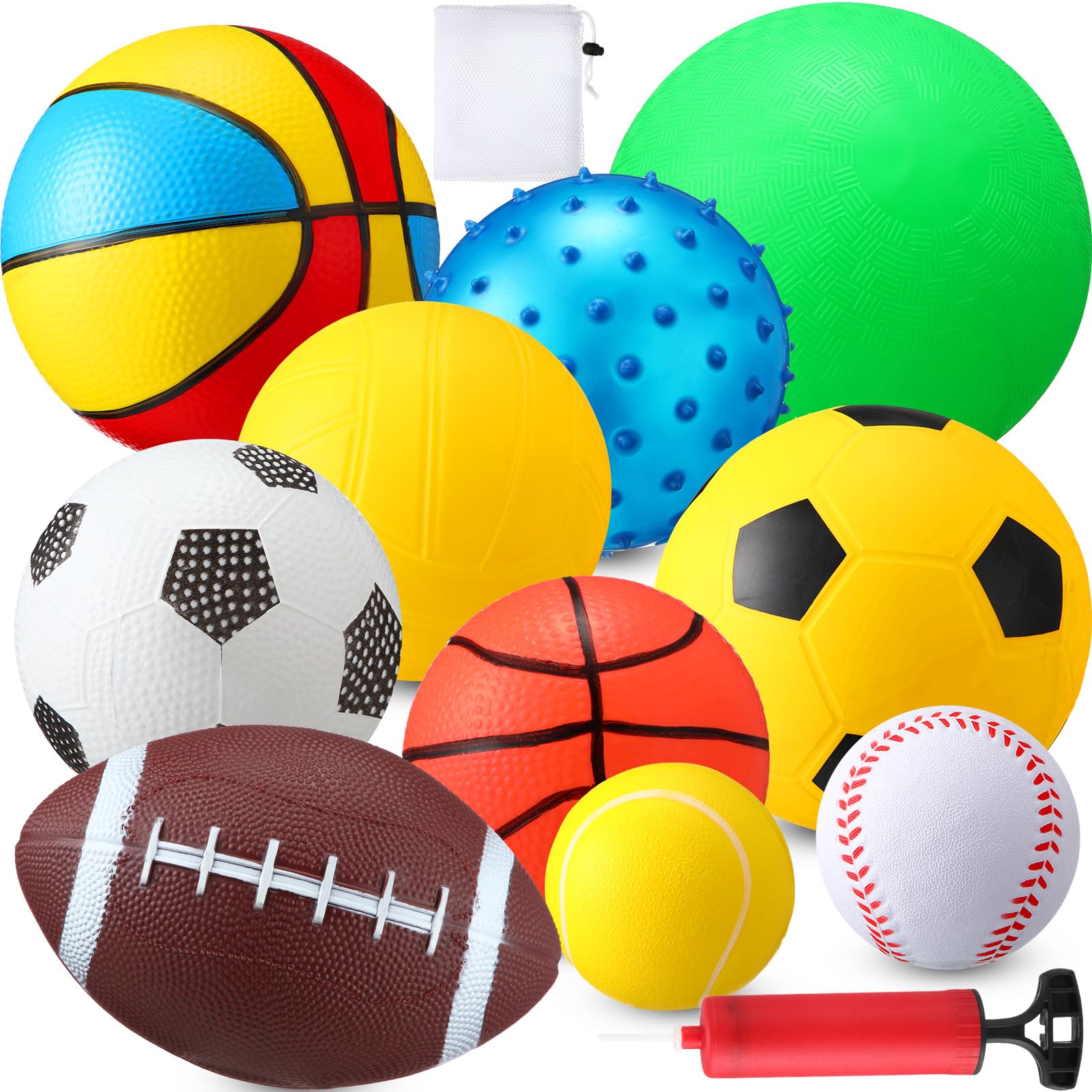 VercanMonth 10 Pack Sports Balls Set for Toddlers 1-3 Kids Foam Sports Balls with Bump Includes Football Soccer Basketball Baseball Volleyball Rugby Bounce Ball Playground Toy for Boys & Girls(Large)