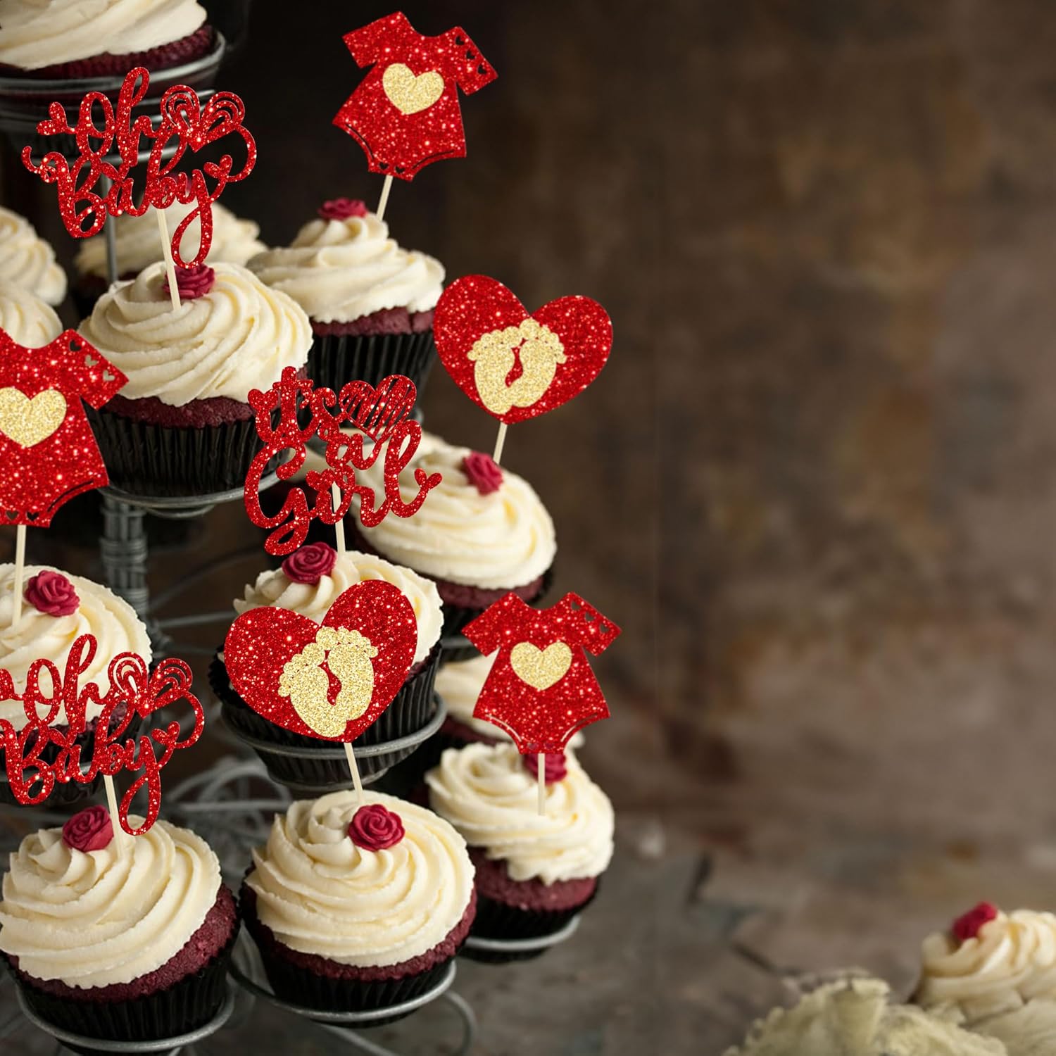 Ephlyn 24Pcs Happy Valentine's Day Oh Baby Cupcake Toppers Glitter Baby Feet Onesie Heart It's a Girl Cupcake Picks for Baby Shower Birthday Party Cake Decorations Supplies Red - Image 4