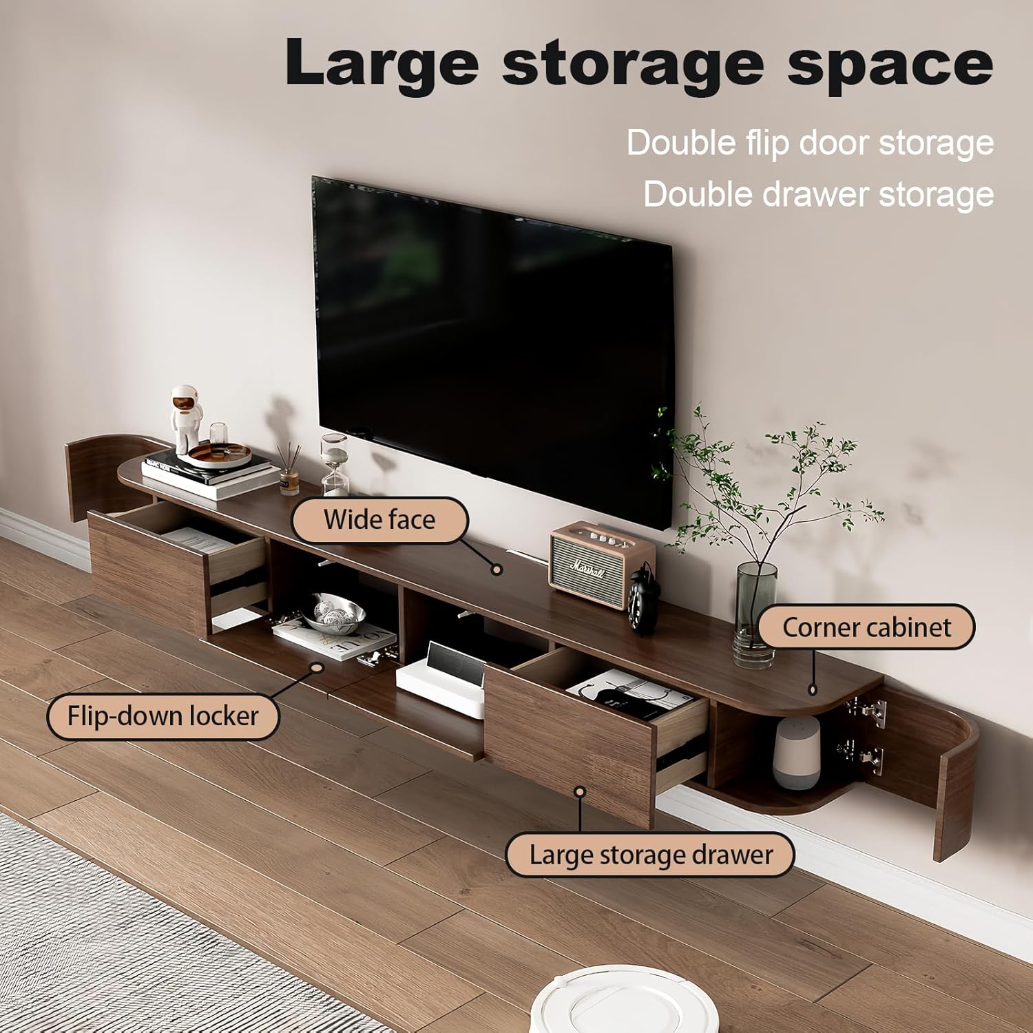 Floating TV Stand 95 Inch Wall Mounted TV Cabinet with 2 Drawers, TV Media Console with Flip-Down Door & Drawers for Living Room (Walnut, 94.5")