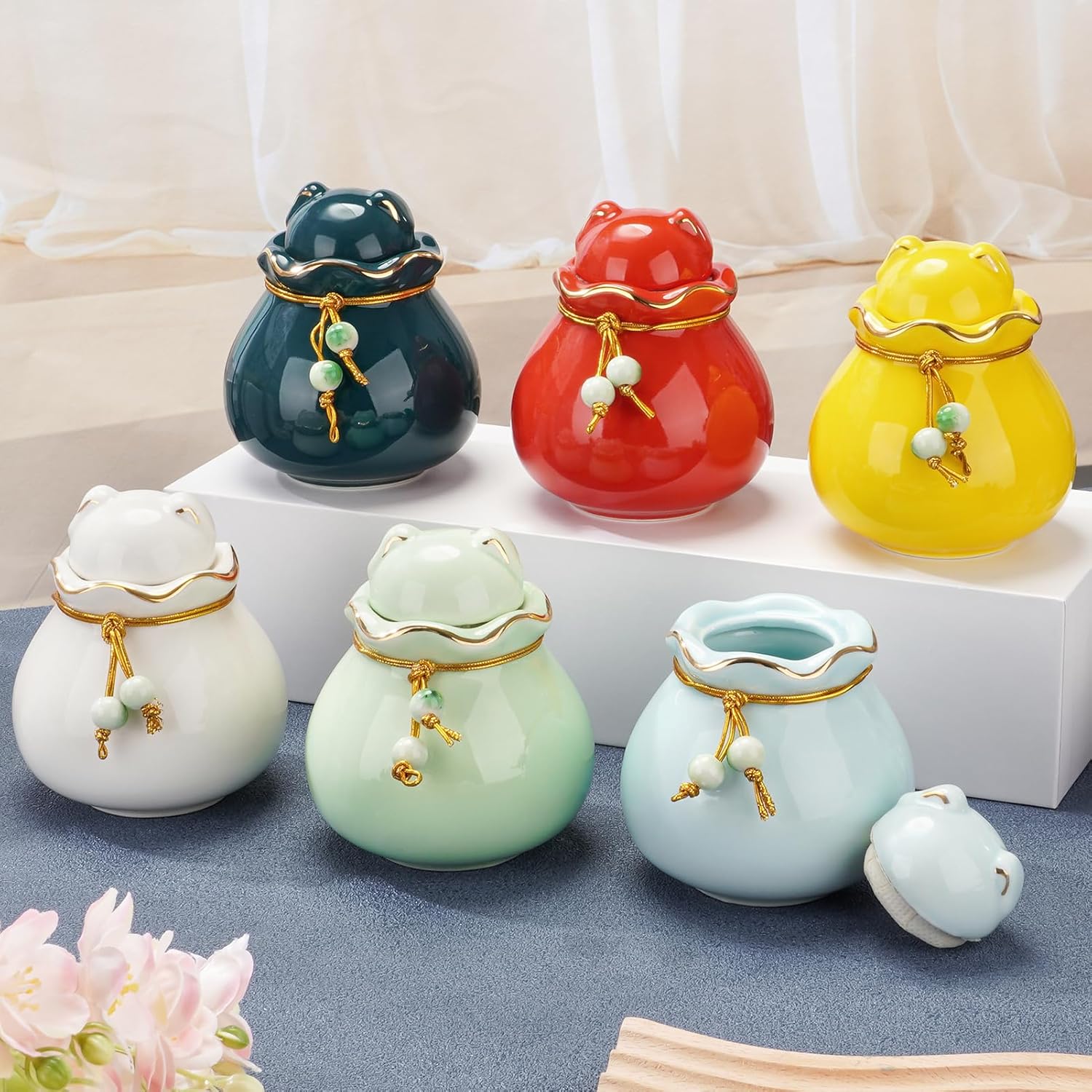 SOITIS Pet Memorial Urn for Cat or Dog Ashes - 3.54"x3.15" Elegant Ceramic Keepsake Holder with Pet-Shaped Lid & Gold Trim, Small Cyan Urn for Pet Ashes - Image 5