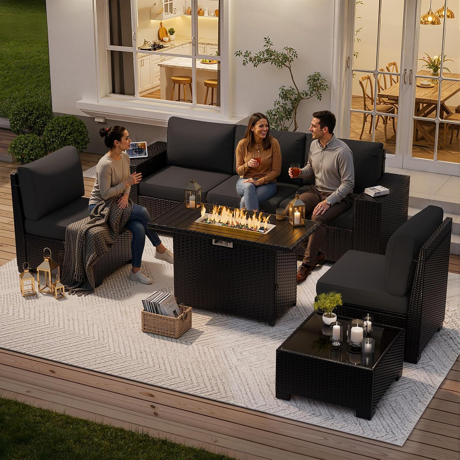 Patio Furniture Set, Wide Armrest Outdoor Furniture Set with 44" Fire Pit Table Thick Cushions, 7 Piece Wicker Rattan Patio Sectional Sofa for Backyard, Poolside, Garden