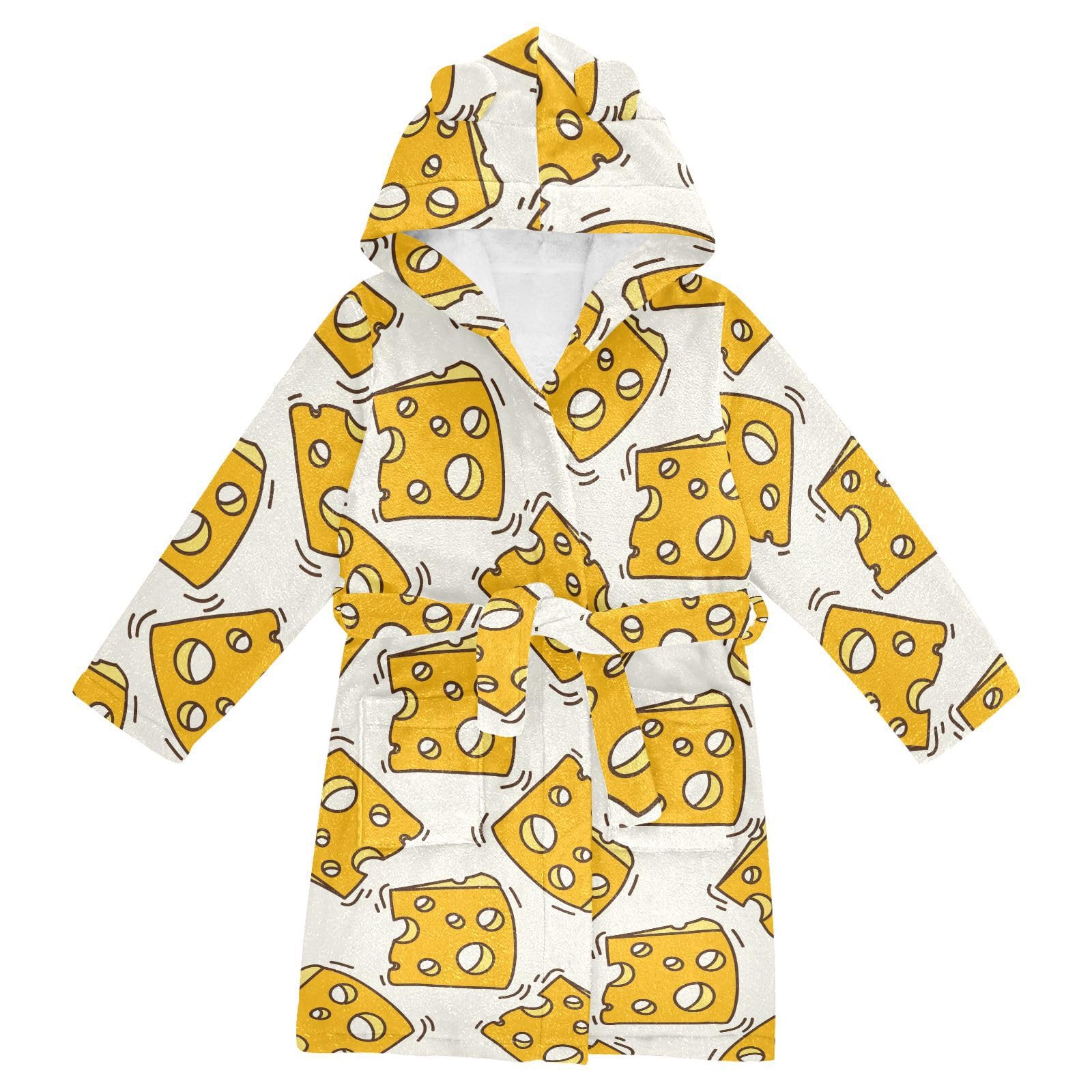 WIFIU Toddler Baby Hooded Bathrobe for Boys Girls Food Cheese Pattern Printed, Soft Plush Bath Towel Robe with 2 Pockets for 2-3 Years