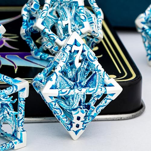 Miniatura 5 de ARUOHHA Juego de dados huecos DND de 5 cabezas azul plateado Dragons D y D con caja de regalo, juegos de rol, 7 piezas de dados poliédricos de metal