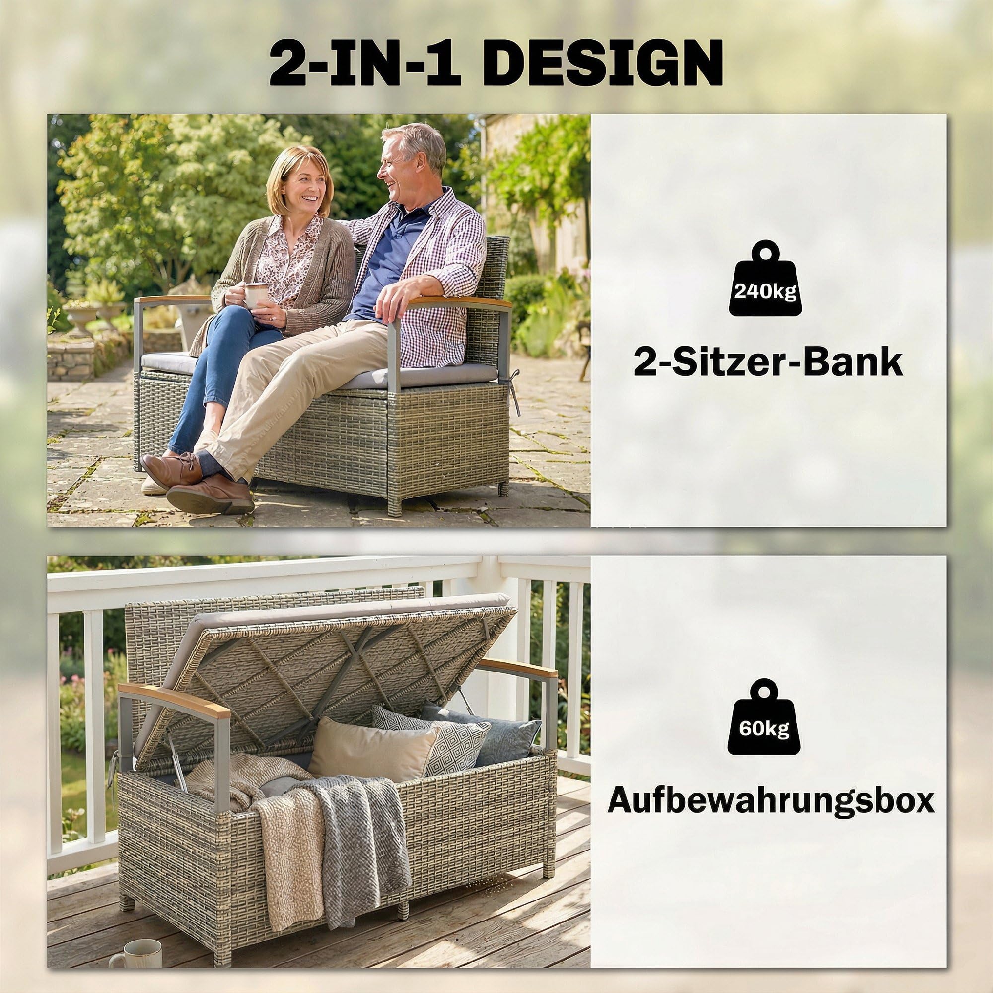 Outsunny Gartenbank Polyrattan 170L 2-Sitzer Sitzbank mit Stauraum abnehmbar Kissen Reißverschluss-Innenauskleidung Akazienholz-Armlehnen, Wetterfest Truhenbank für Werkzeuge Sitzkissen Hellgrau