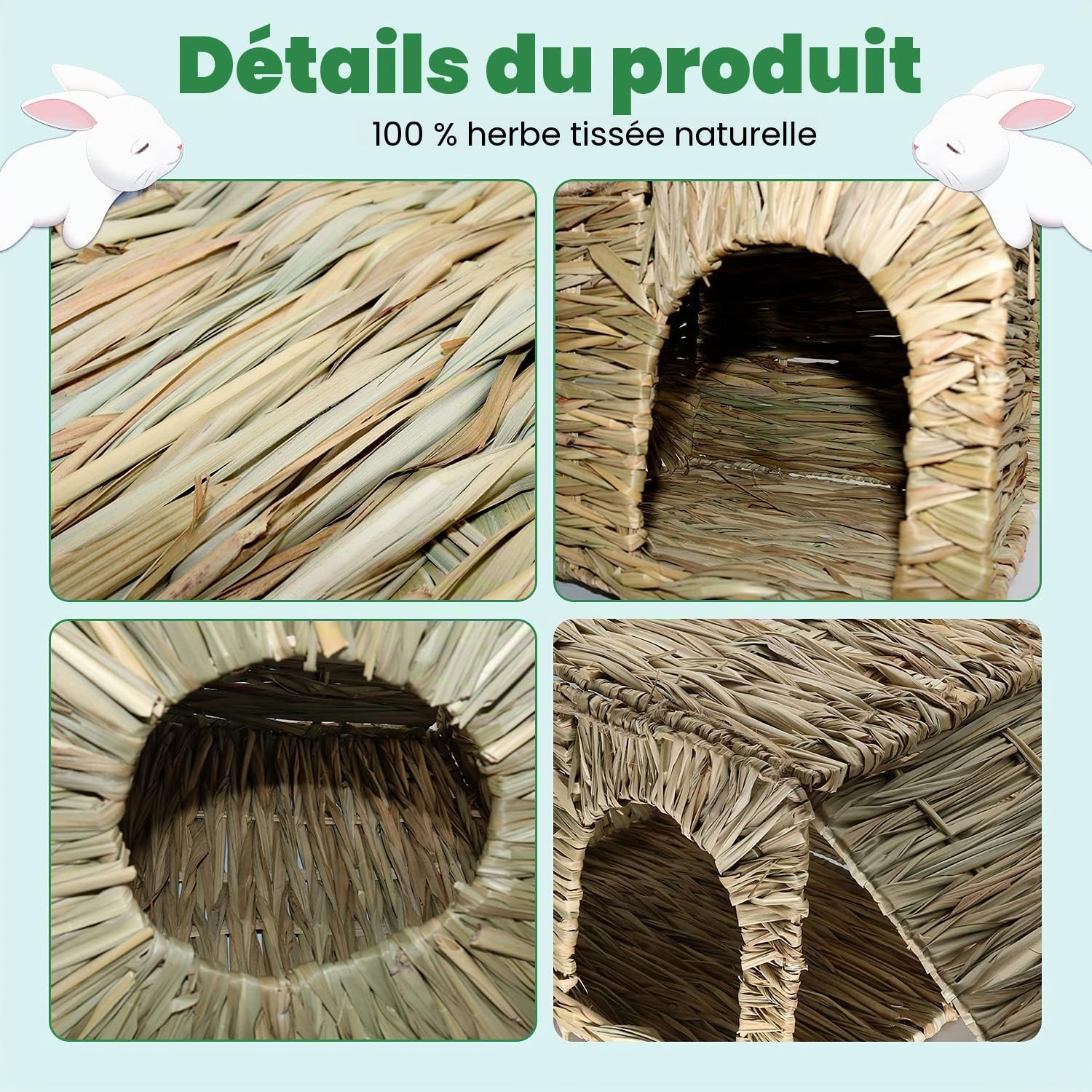 HYLYUN Très Grande Maison Foin Lapin Naturellement Séchée Maison d'herbe Tissée Pliable pour Lapin, Cochon d'Inde, Chinchilla, Furet Jouer et Dormir