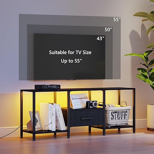 Miniatura 6 de Soporte de TV con luces LED, centro de entretenimiento con estantes abiertos y cajón de tela, consola multimedia para TV de 55 pulgadas, soportes de
