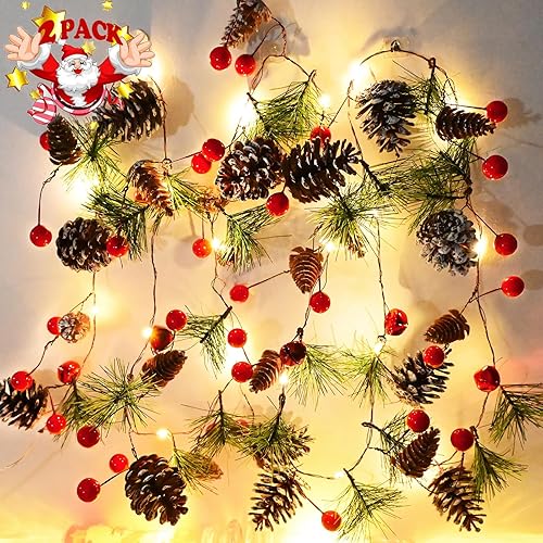 Guirnalda con luces, guirnaldas de pino de Navidad de 13 pies, 40 luces LED, funciona con pilas con bayas rojas y luces LED, guirnalda de árbol de