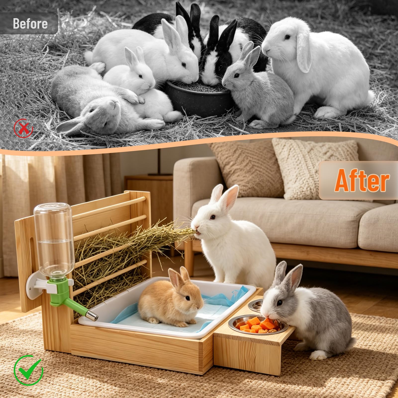Râtelier à Foin 4-en-1 pour Lapins, Station d'alimentation | Distributeur foin amovible pour cochons d'Inde avec bac à litière, 2 gamelles et biberon Mangeoire bois pour petits animaux