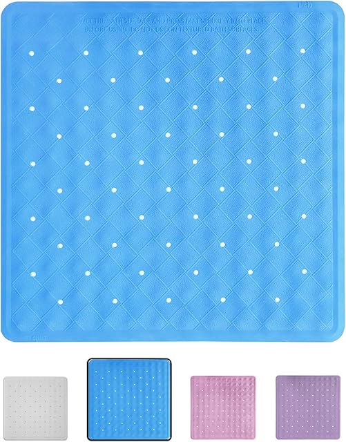ANSIO® Shower Mats Non Slip Anti Mould Bath Mat for Bathroom Bathtub Rubber Shower Mat with Drain Holes & Suction Cups Machine Washable 54 x 54 cm / 21.2 x 21.2 inches- Blue