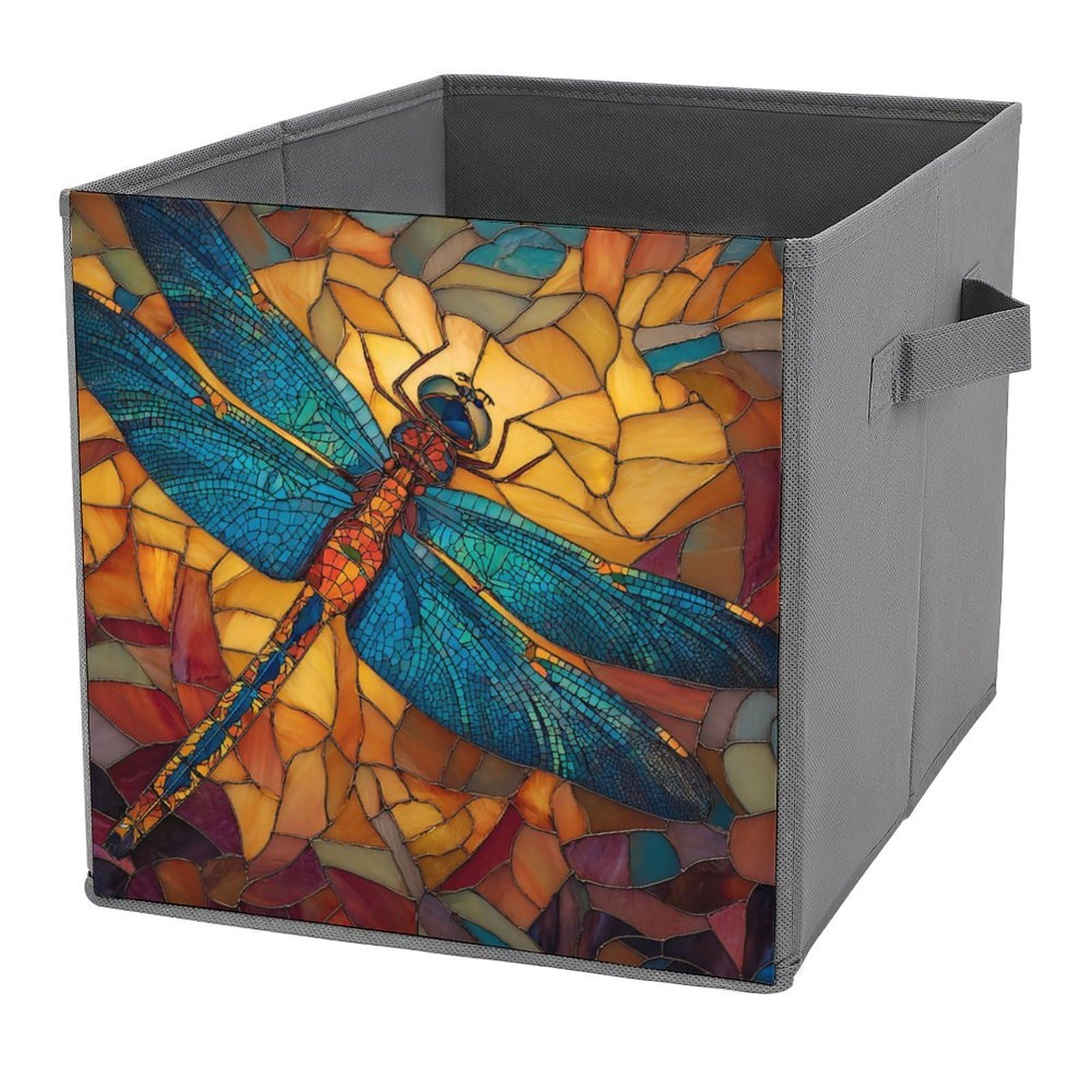 Jubonexis Stained Glass Style A Dragonfly Cube Storage Bins Storage Cubes Foldable Decorative Fabric Storage Baskets Home Organizers with Handles for Shelves,Closet, 27x27 CM
